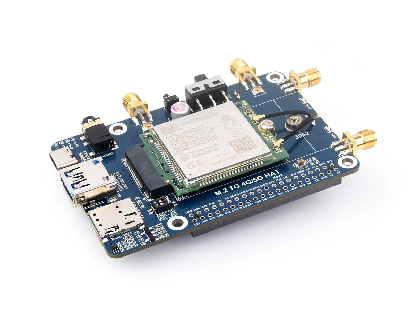 Waveshare SIM7600G-H M.2 4G HAT for Raspberry Pi LTE CAT4 High Speed 4G/3G/2G