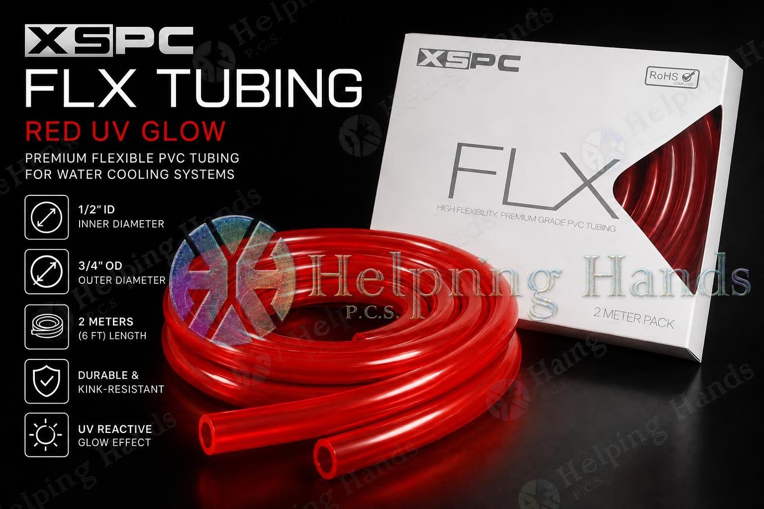 XSPC FLX Tubing 1/2" ID, 3/4" OD 2 Meters 6 FT Length, Red UV Glow PC Water Cool