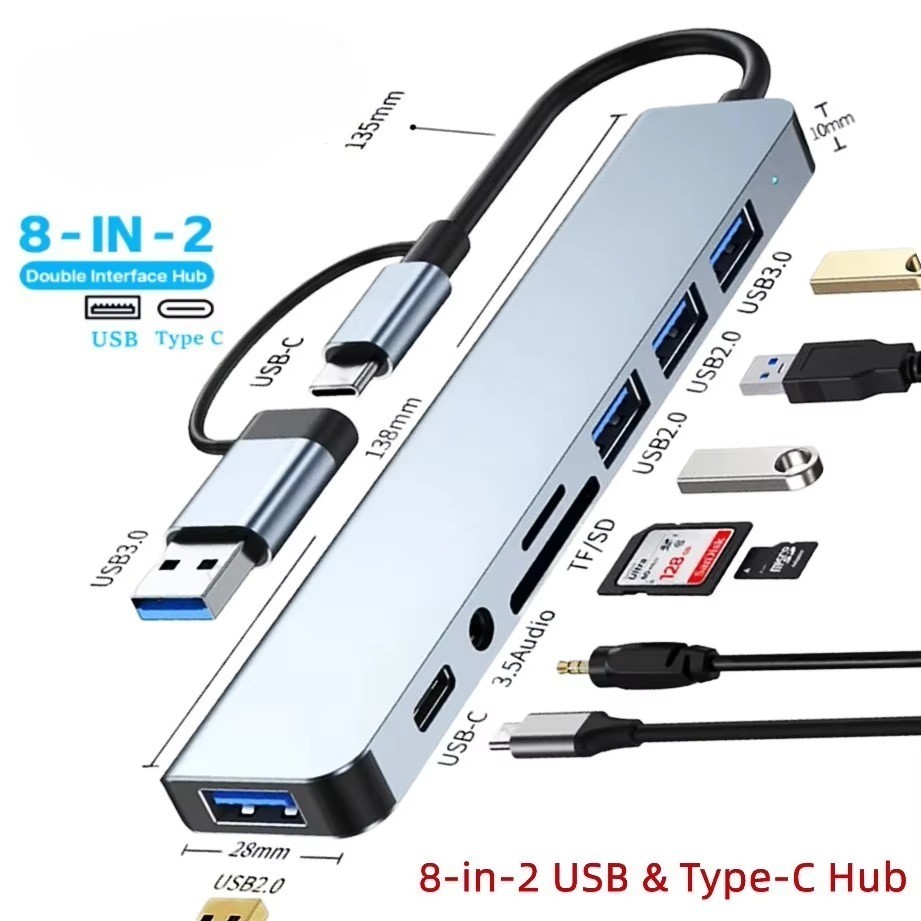 8-in-2 USB Type-C Hub Adapter Splitter SD TF 3.5mm Audio MacBook Laptop