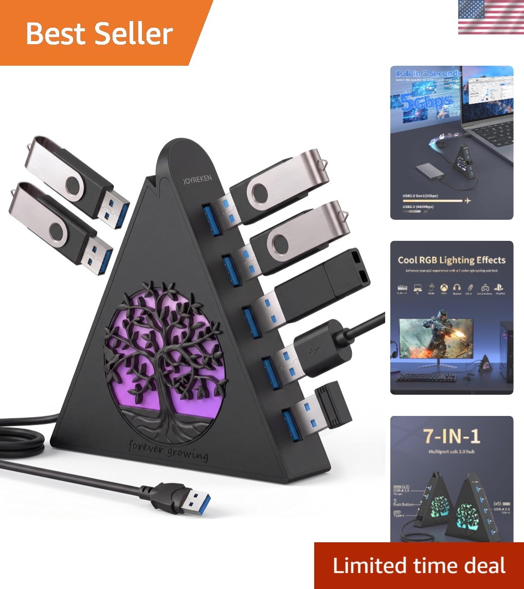 7-Port USB 3.0 Hub, Vertical USB Hub Splitter with RGB Lighting, 5Gbps High-S...