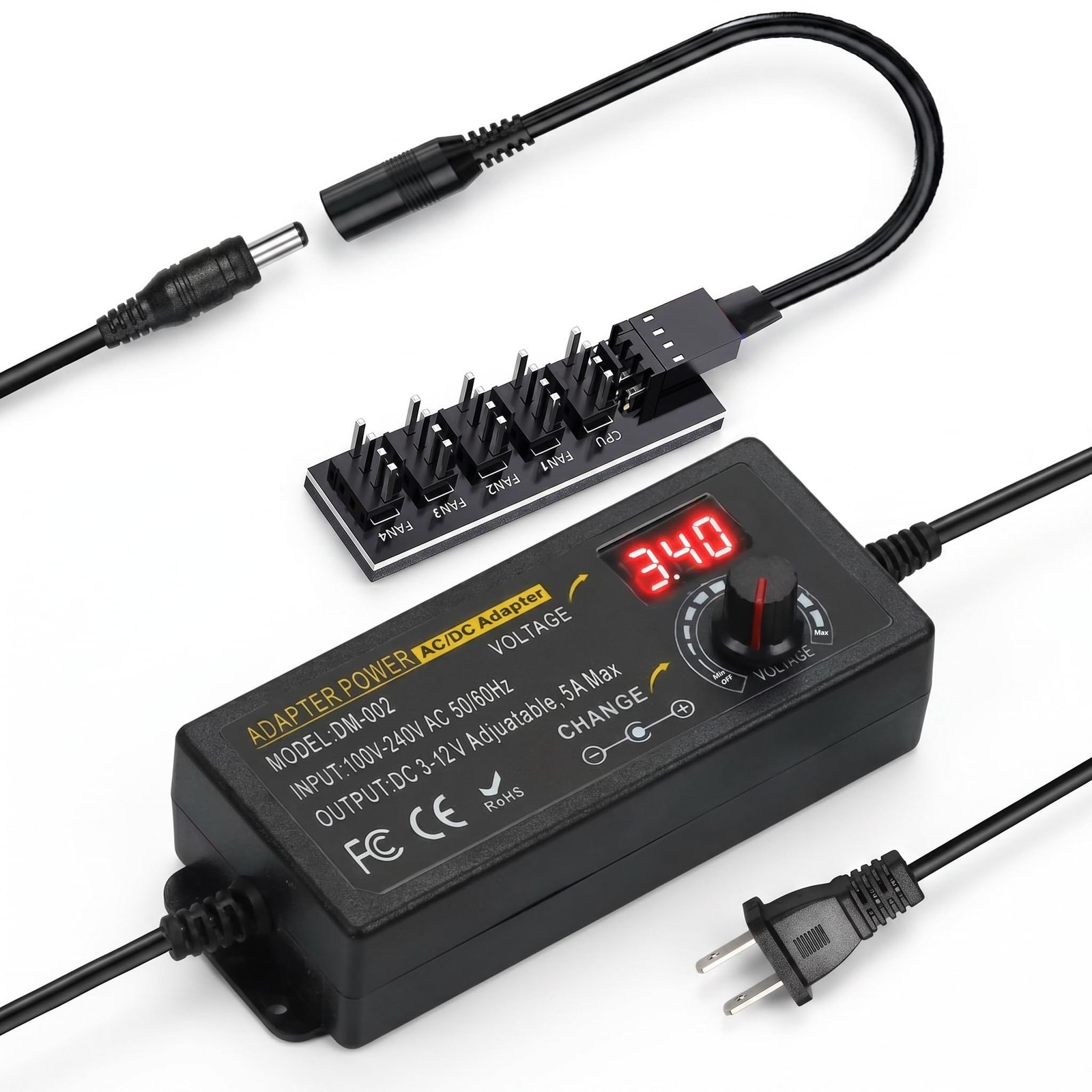 60W Adjustable PC Fan Power Supply with 5-Way Splitter and Speed Controller