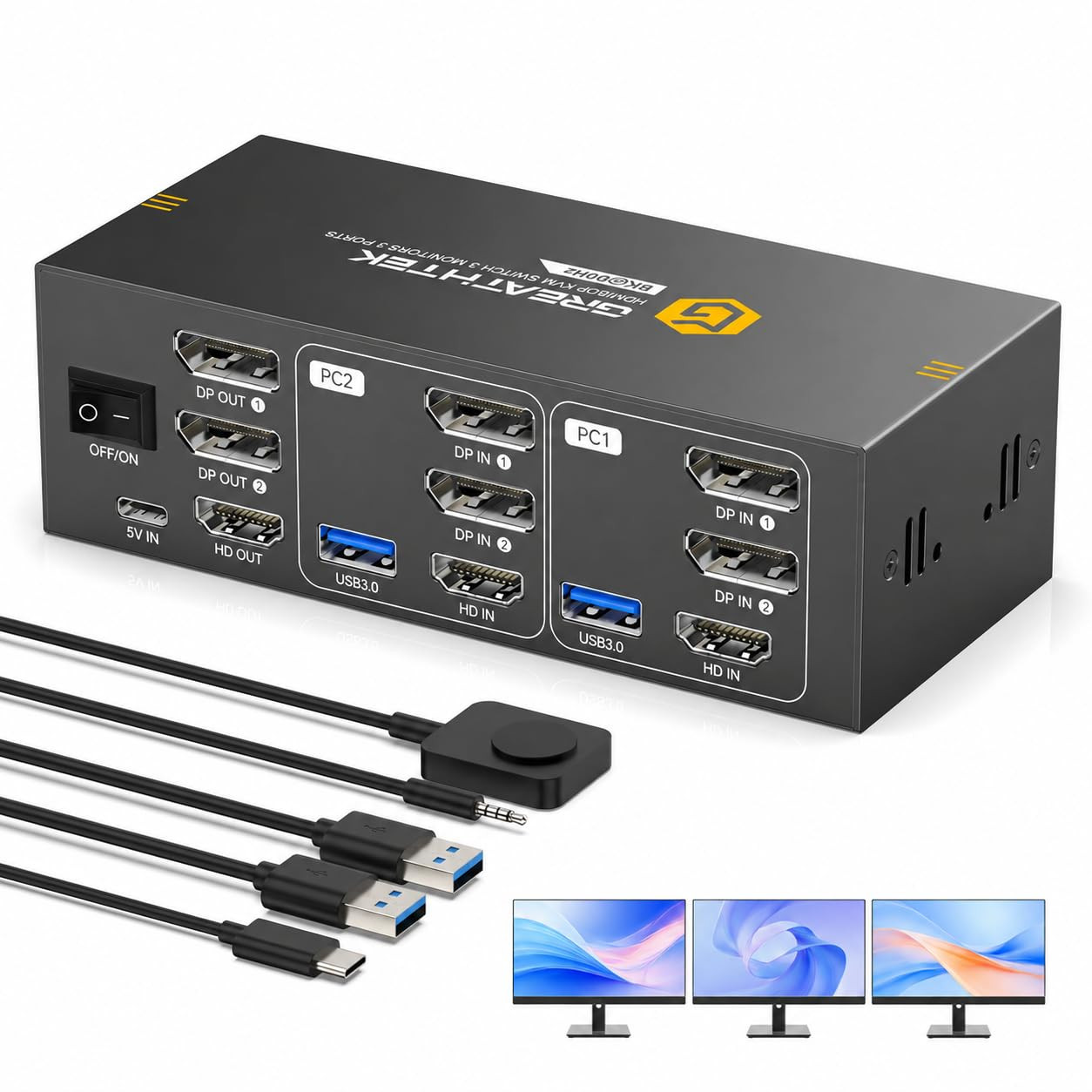 8K 3 Monitors HDMI Displayport KVM Switch for 2 Computers