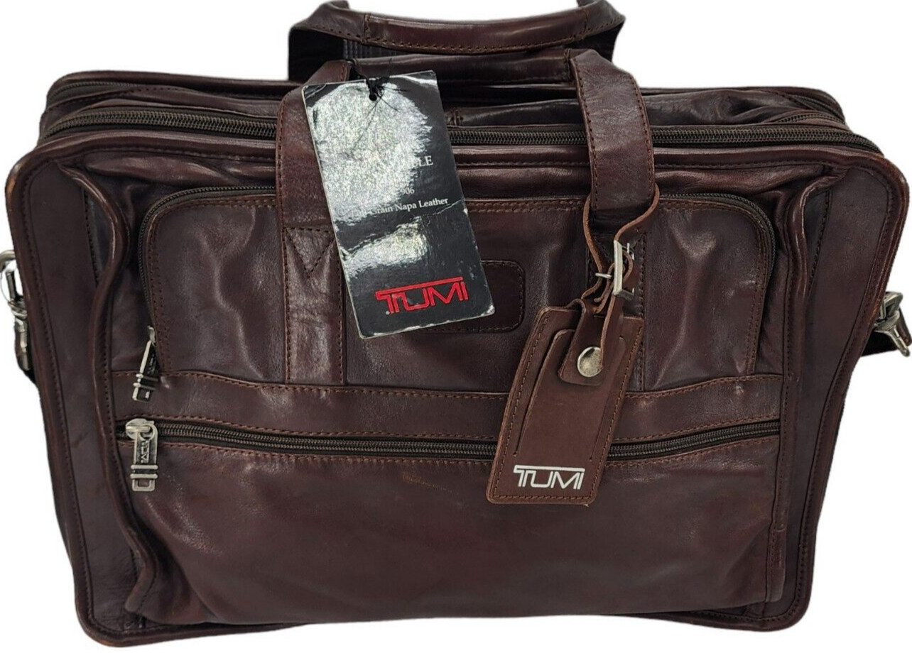 Vintage TUMI Brown Leather briefcase Deluxe Expandable bag - RARE deadstock