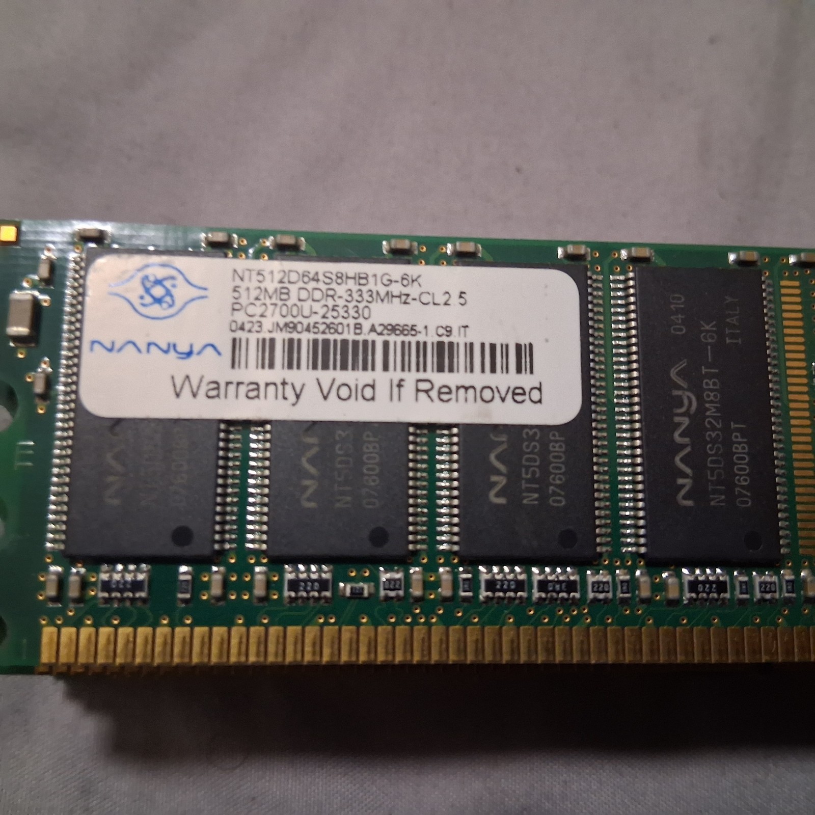 1GB (2x512MB) PC2700U-25330 DDR-400 RAM Kit NANYA NT512D64S8HC0G-5T CL3 DDR1
