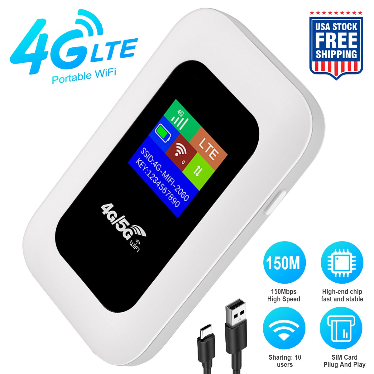 4G LTE WiFi Router Mobile Hotspot Unlocked Portable 10 Users 2100mAh