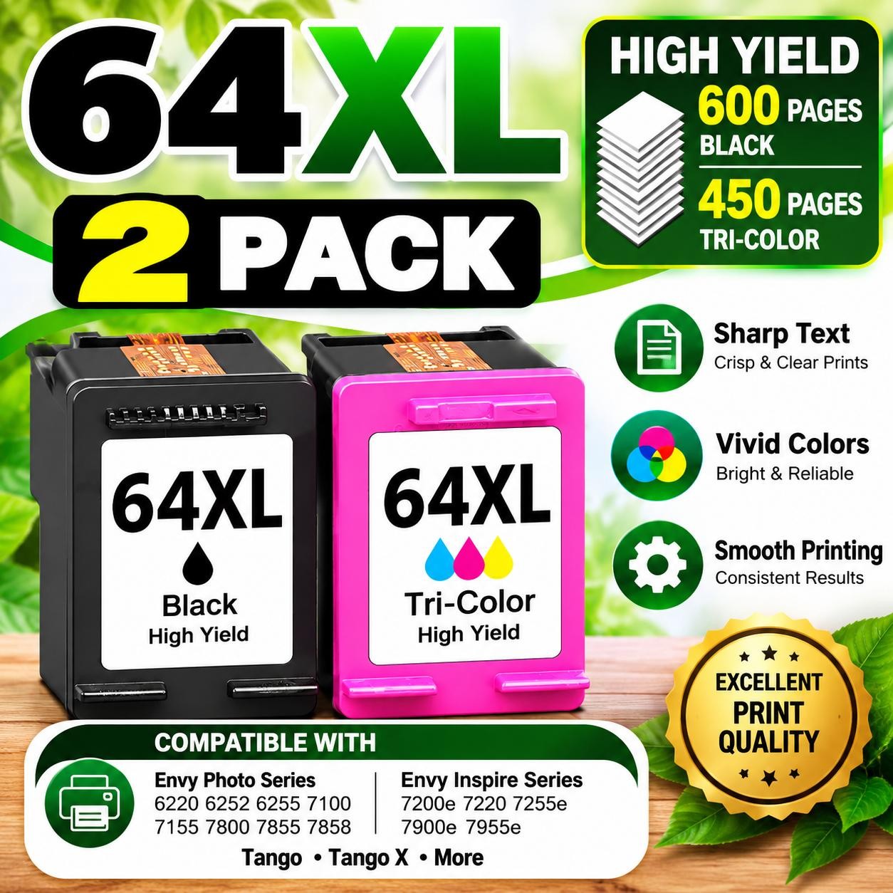 64XL Compatible Ink 2-Pack Black Tri-Color for HP Envy Inspire Tango Printers