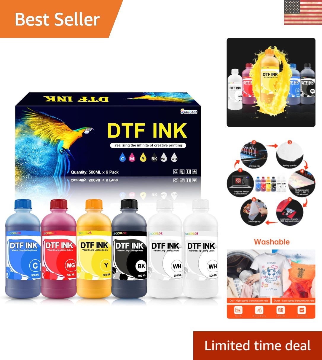High Yield 500ml DTF Ink Pack - Includes White, Black, Cyan, Magenta, Yellow