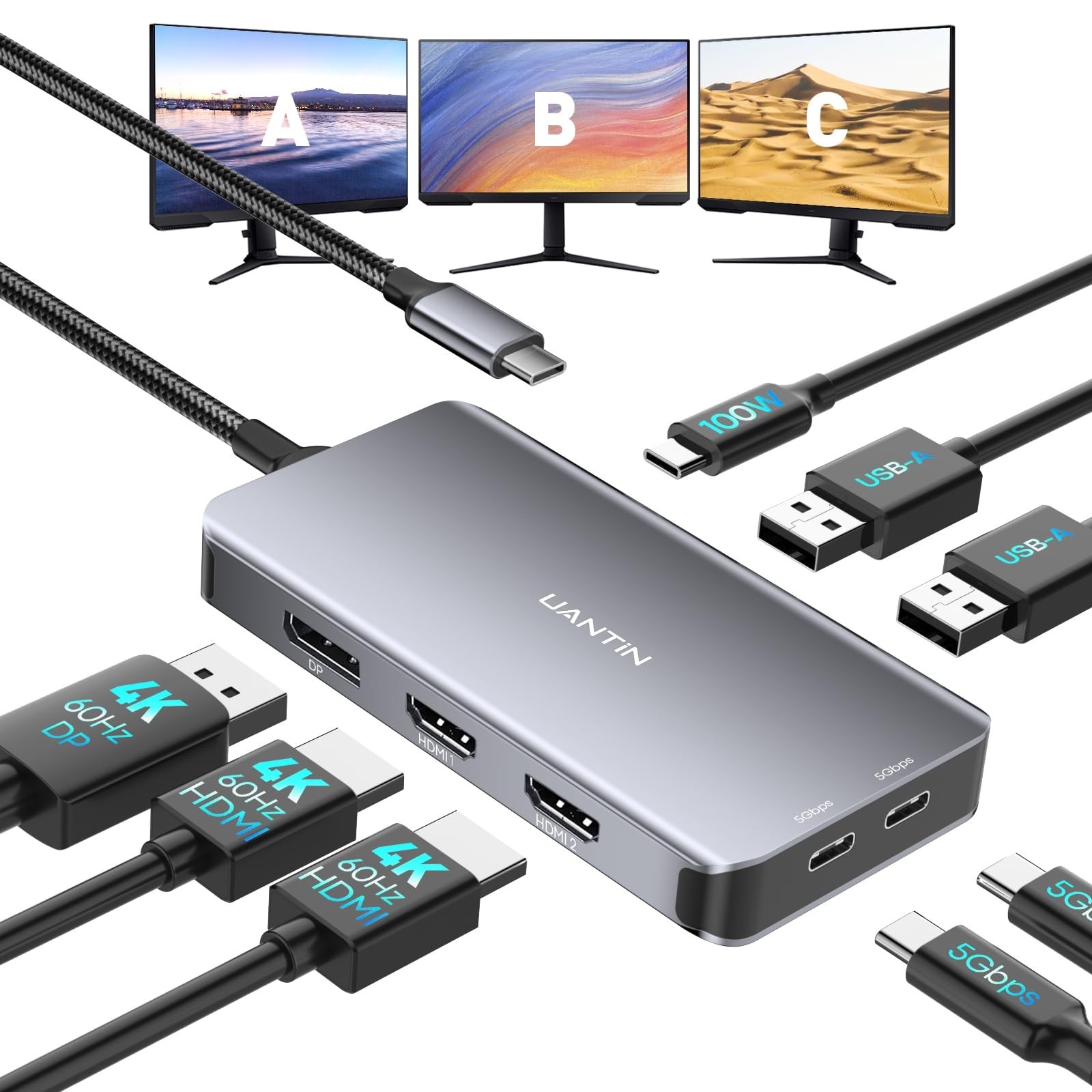 USB C Docking Station Dual Monitor Adapter, Laptop Docking Station 3 Monitor ...