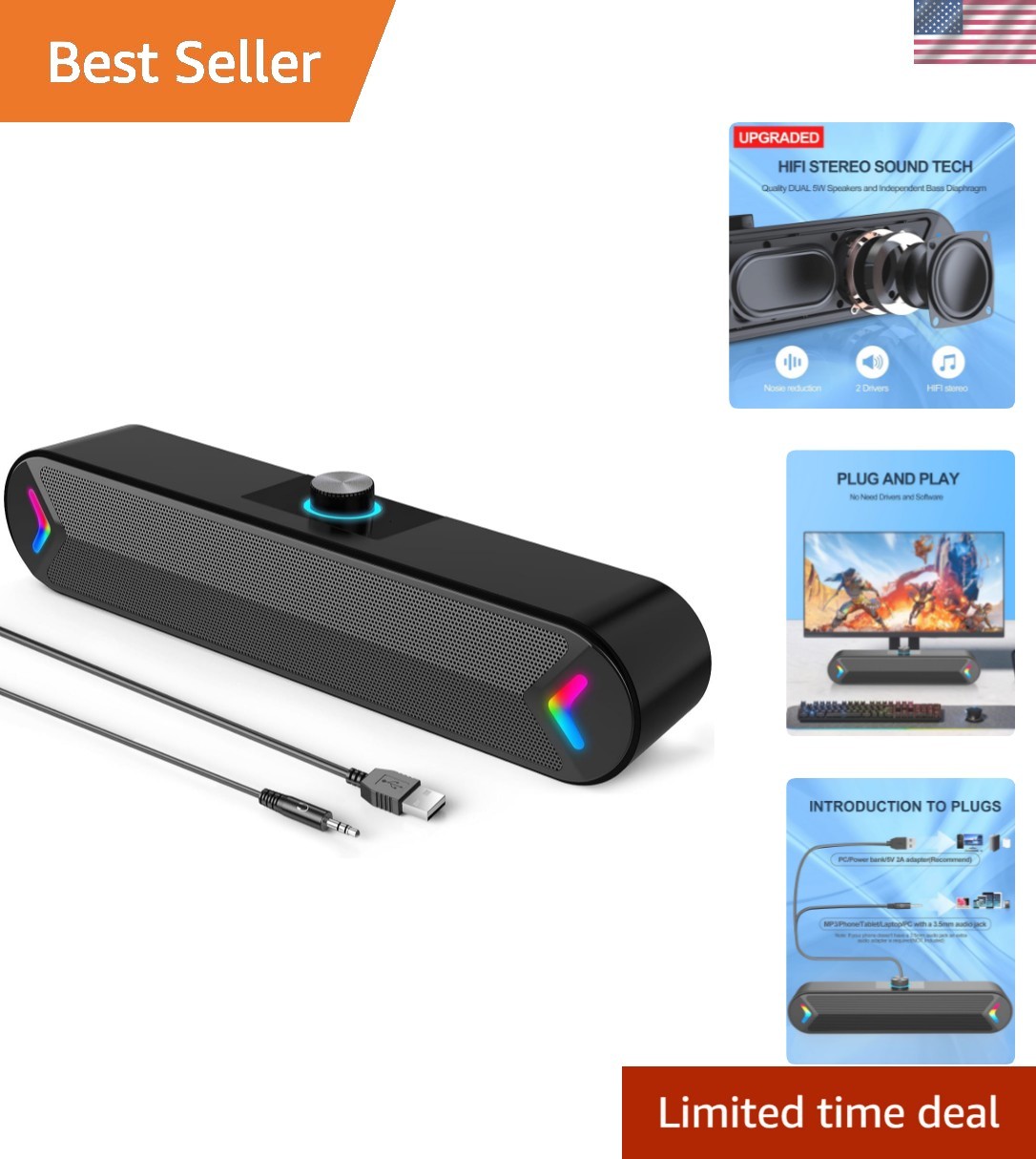 Computer Speakers,Pc Speakers for Desktop,Wired Usb-Powered Sound-Bar for Comput
