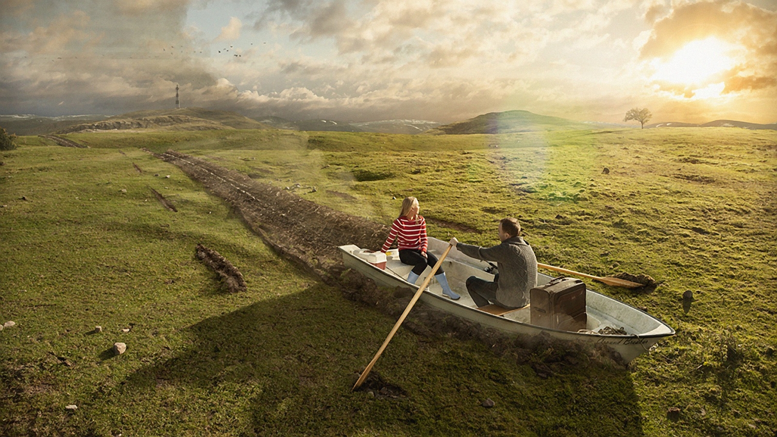 Landscape abstract boat field couple humor art Custom Gaming Mat Desk