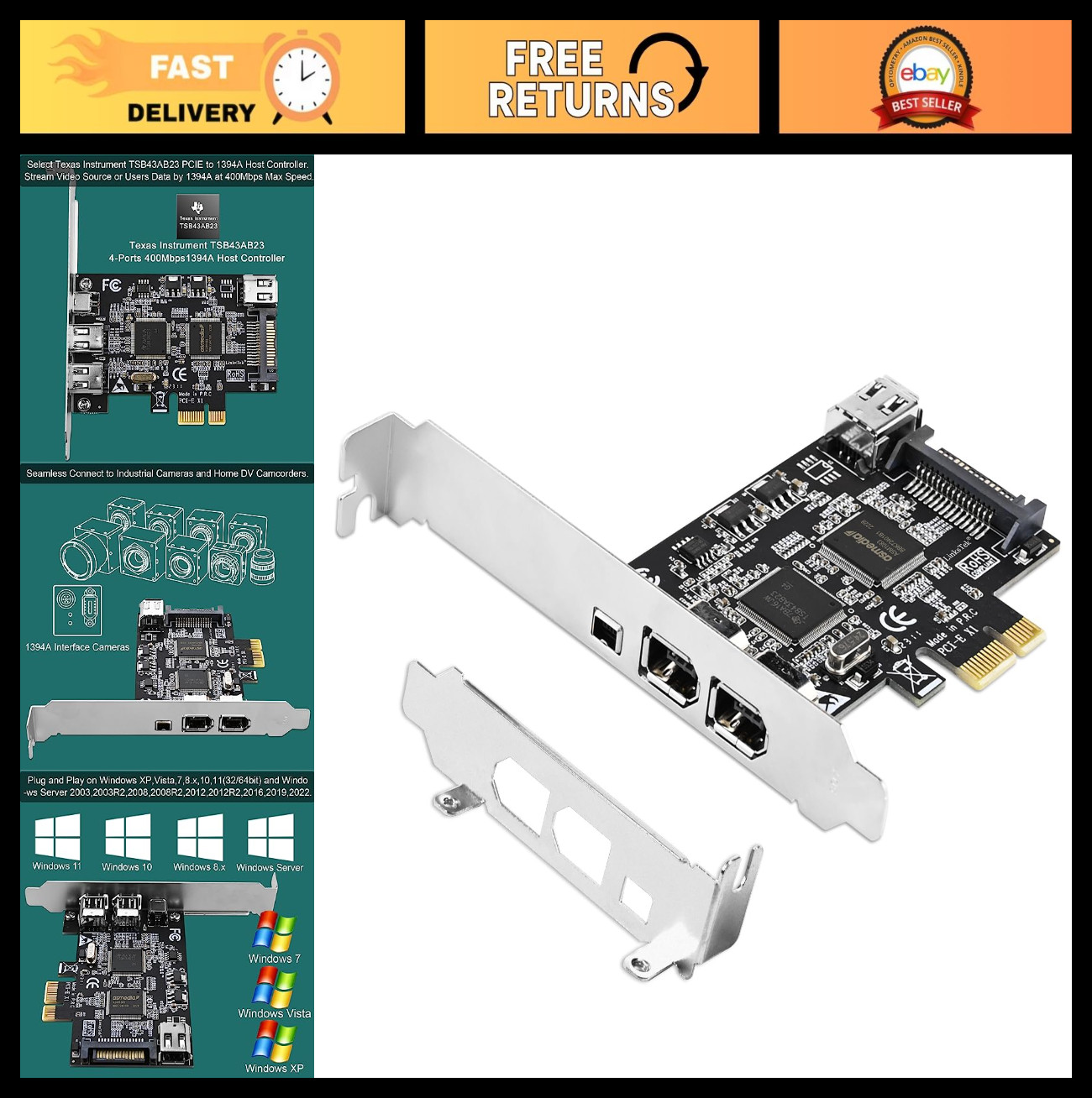 4-Port PCIe Firewire 400 Card for Windows & Mac, 3x 6Pin + 1x 4Pin, Cables Inclu