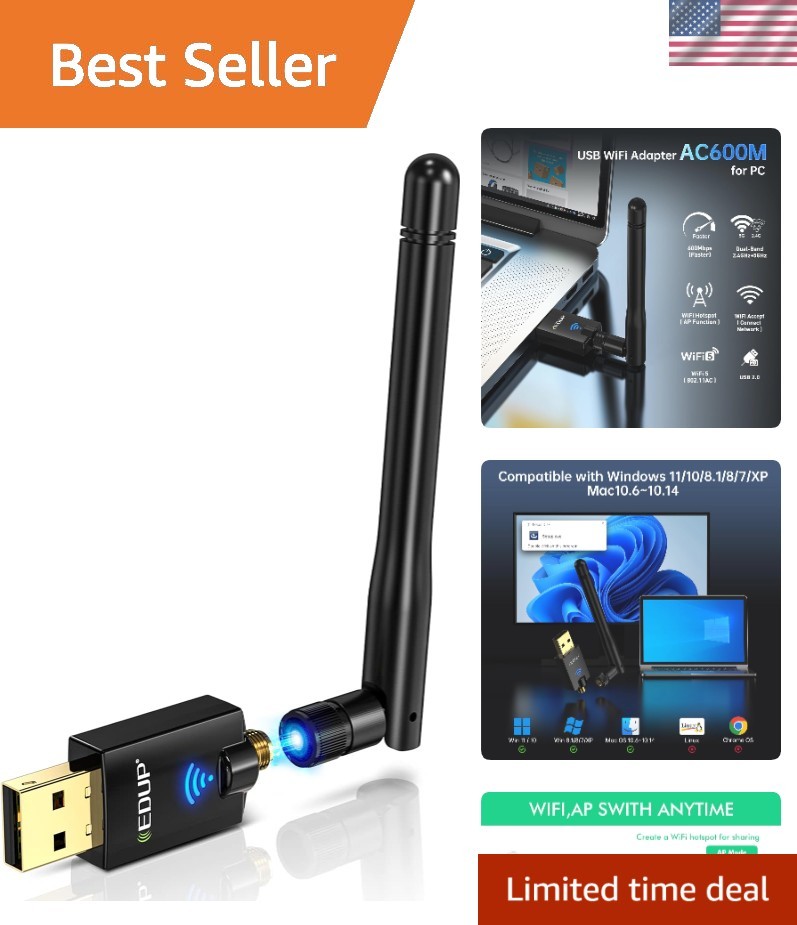 Compact AC600 Dual Band USB WiFi Adapter - 600Mbps for Gaming and Streaming