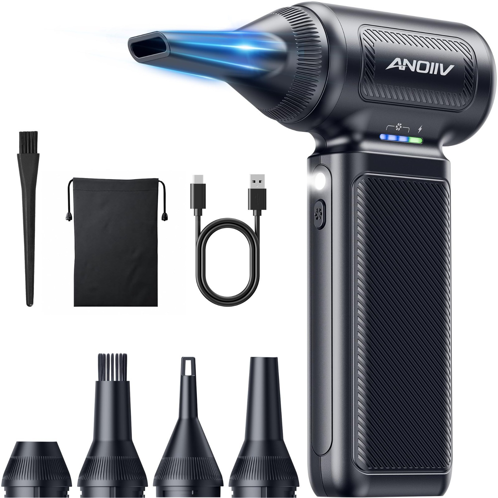 High-Power Compressed Air Duster, 130,000 RPM, 3-Speed Adjustable, 5 Nozzles