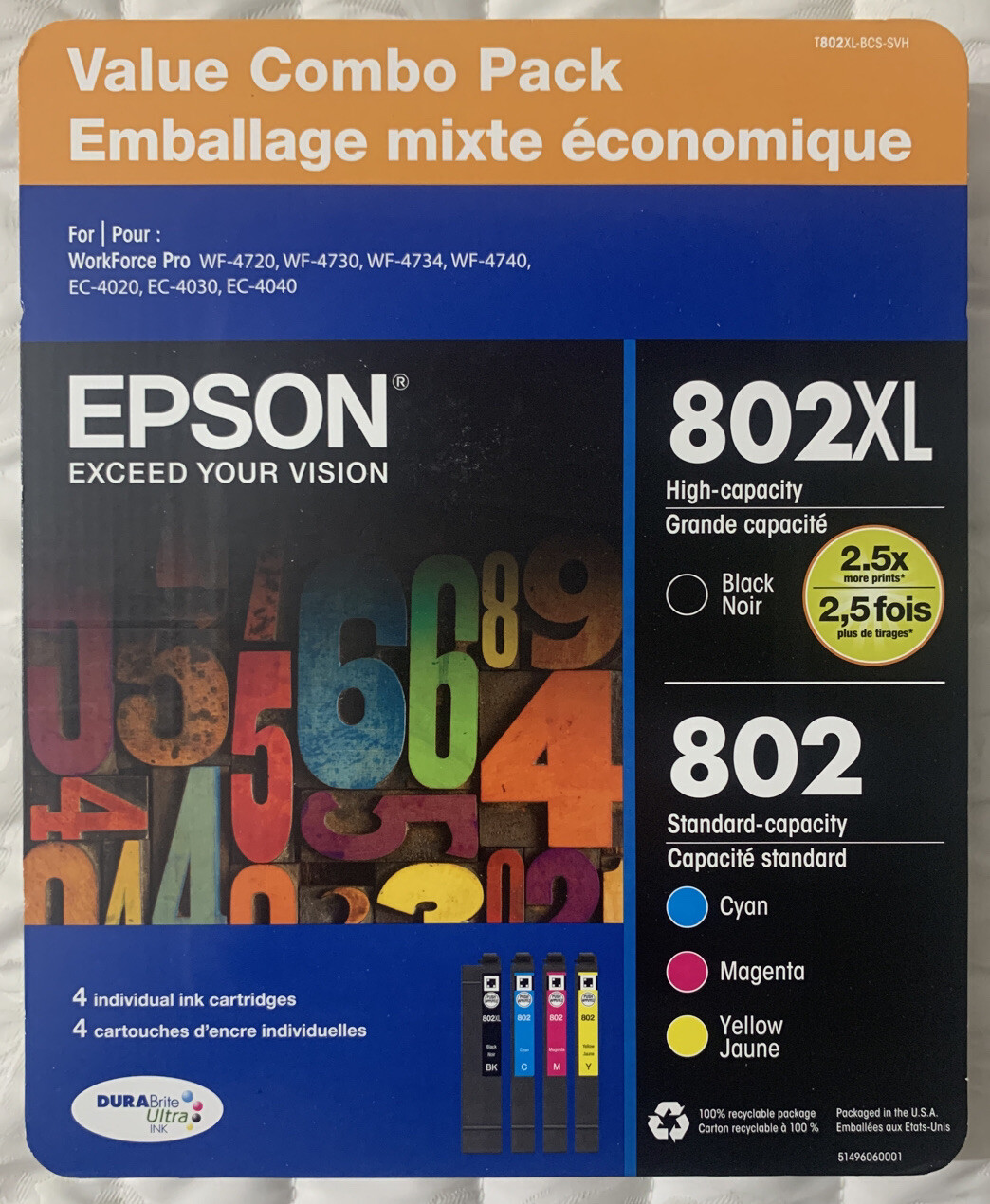Epson 802XL Black & Epson 802 Cyan Magenta Yellow Ink Set T802XL-BCS Retail Pack