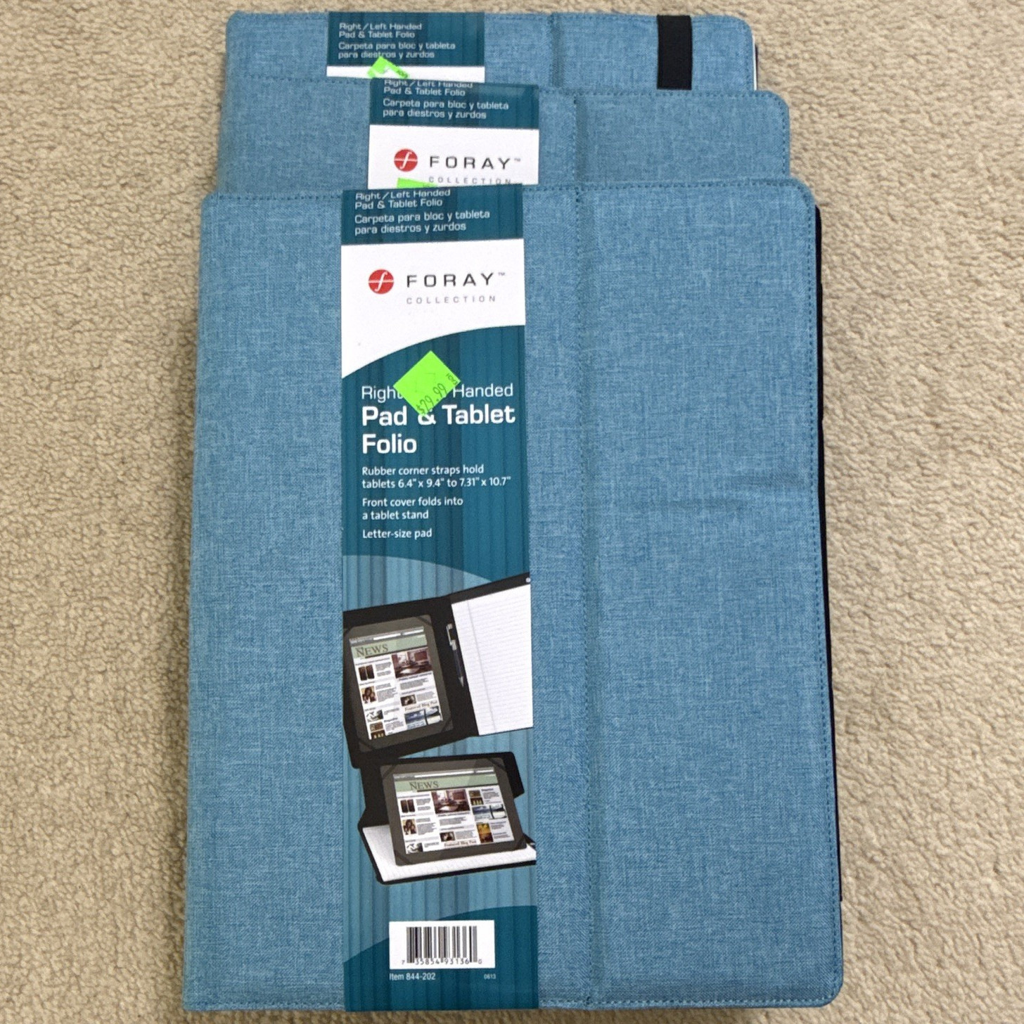 Foray Pad & Tablet Folio Blue Universal 9.7-10.5" Stand, Rubber Corner Straps