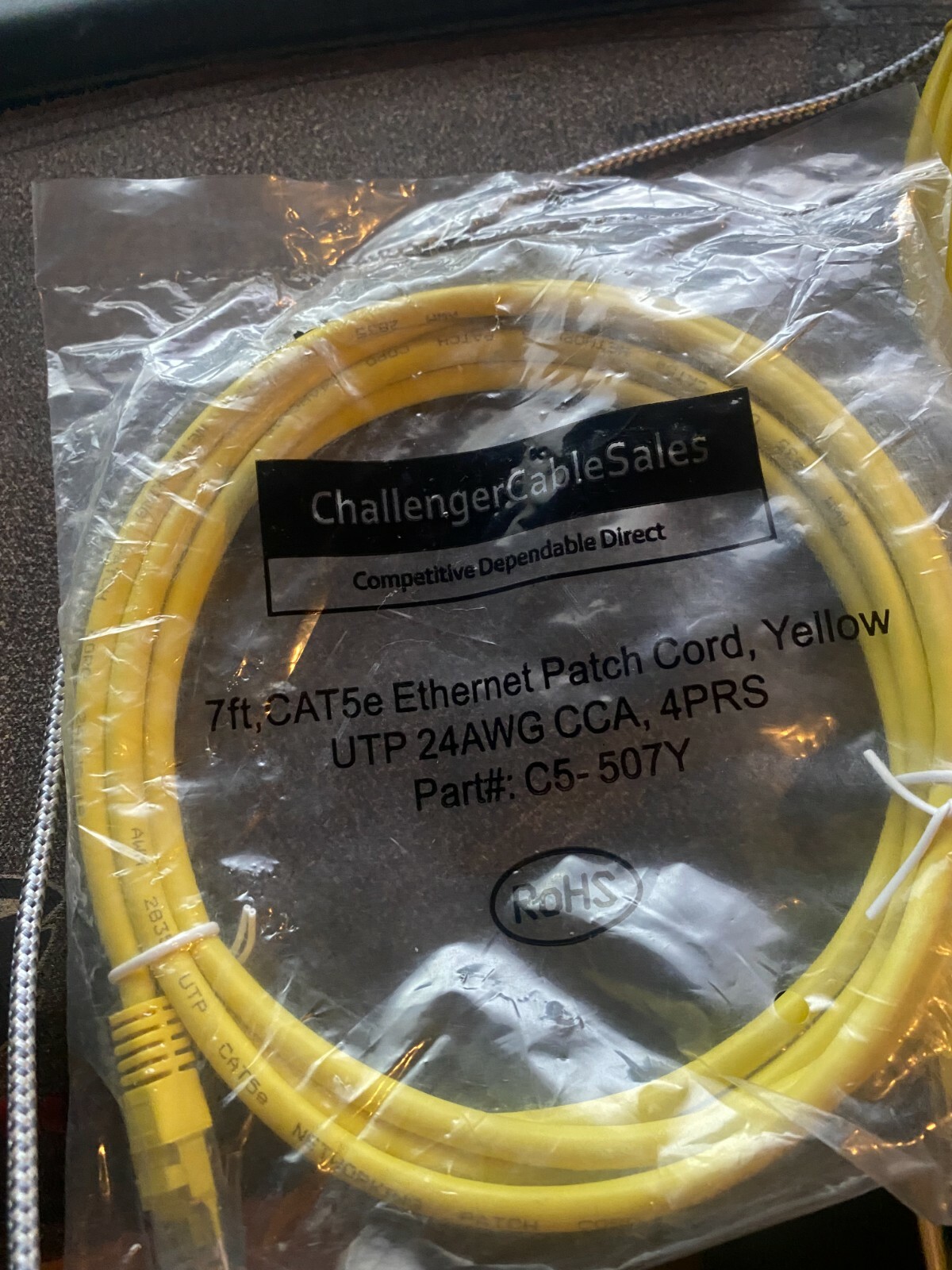 7 Ft, CAT5e Ethernet Patch Cord, Yellow. UTP 24AWG GCA, 4PRS. Part C5 - 507Y