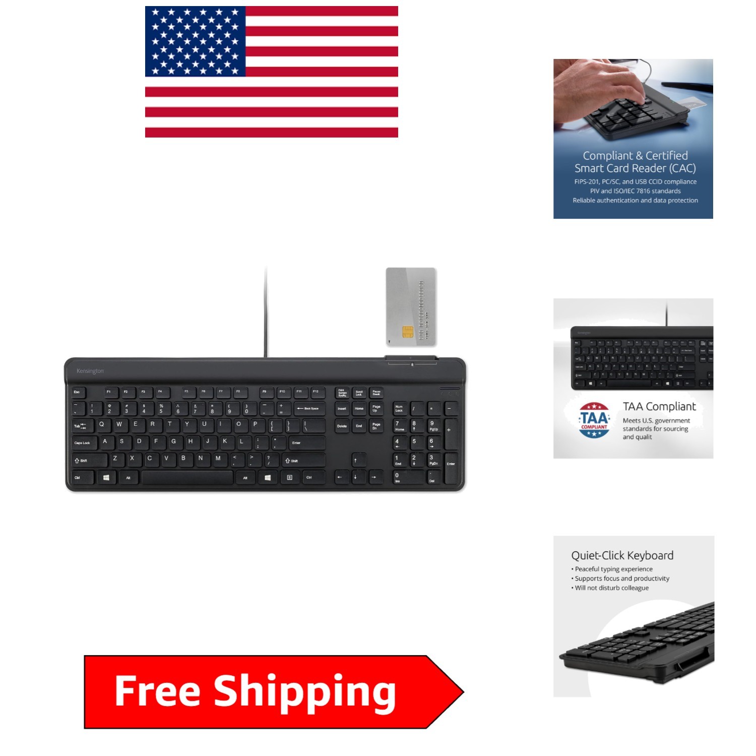 KB201C Wired Keyboard with Smart Card Reader - TAA Compliant & Quiet Click