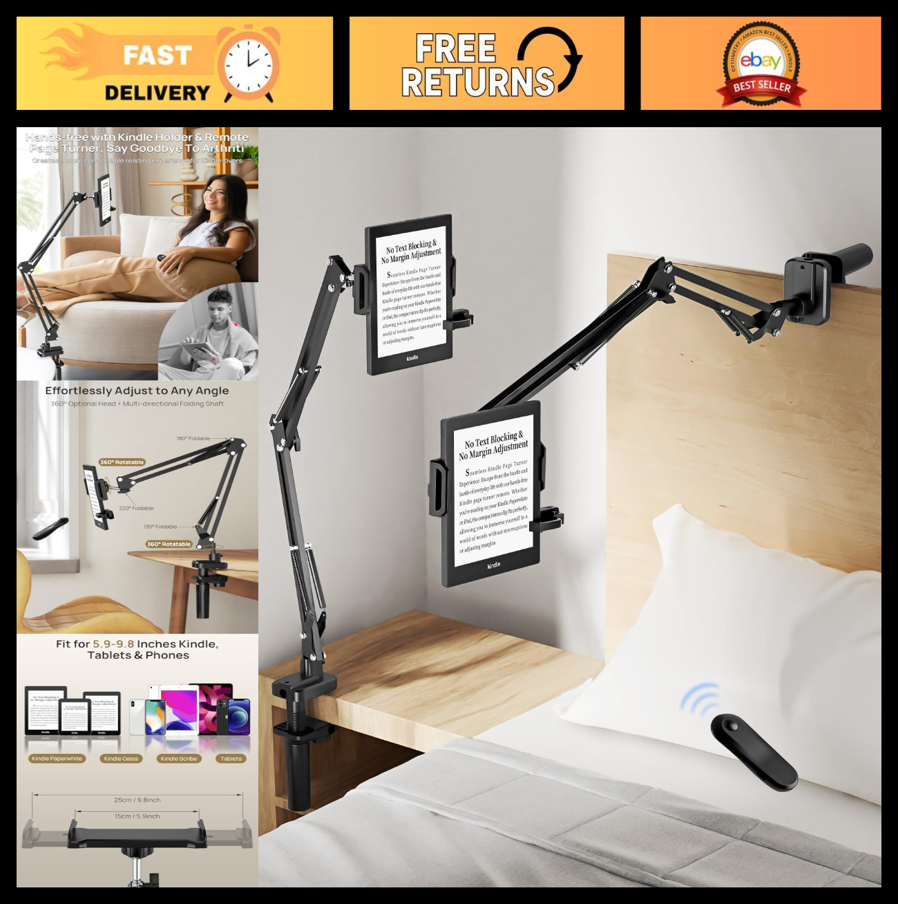 Kindle Holder with Remote Page Turner – Hands-Free Clip Stand, Adjustable Steel