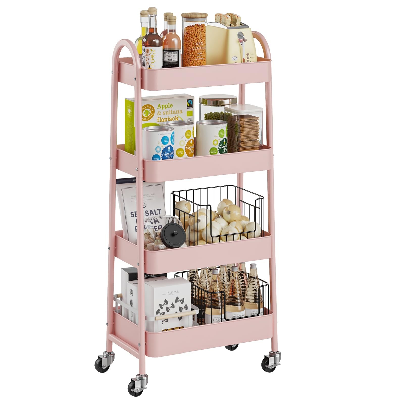 Rolling Storage Cart 4 Tier Metal Lockable Wheels Utility OLIXIS Pink Tiers