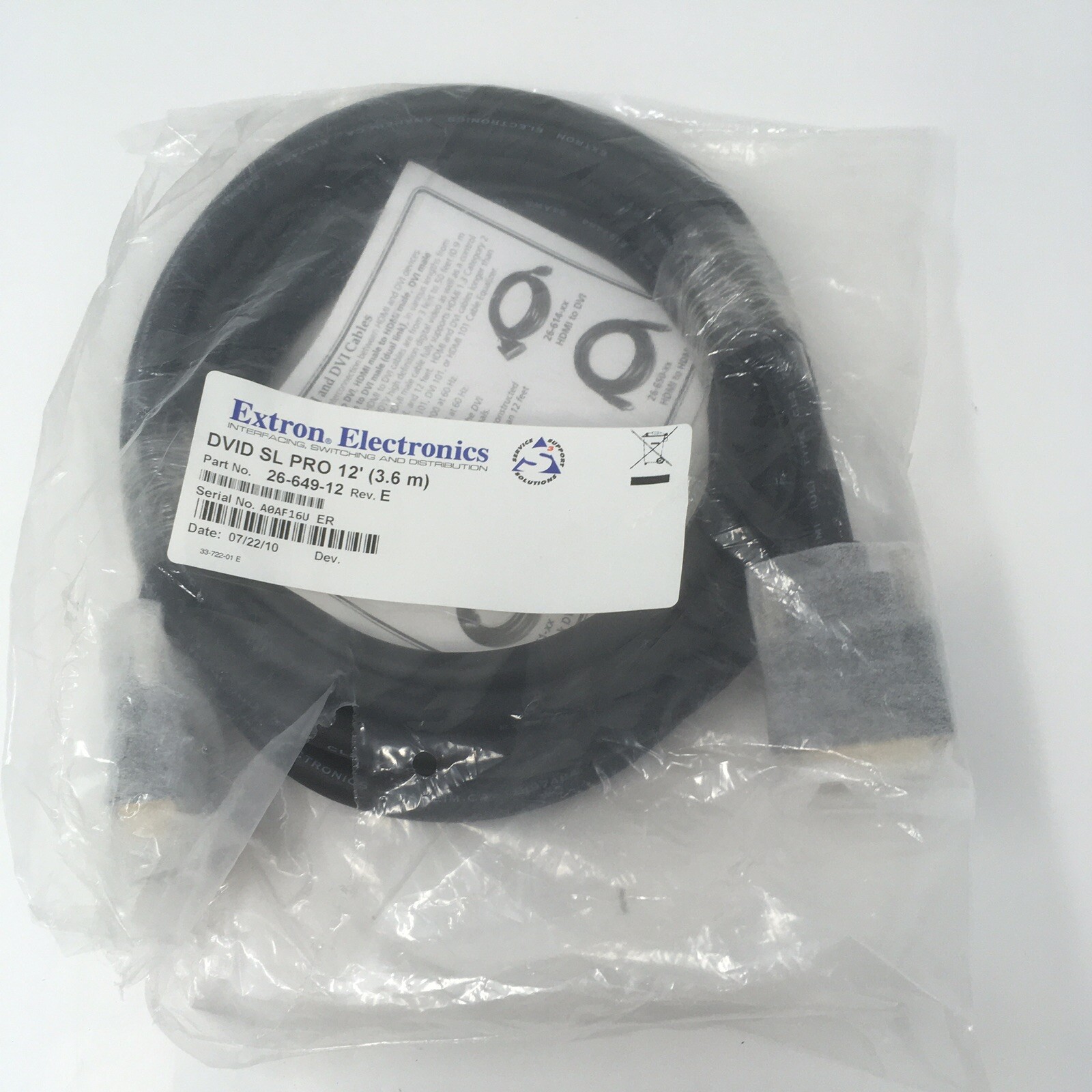 NEW Extron DVID SL PRO 12' (3.6 m) Part 26-649-12 Rev E Single Link DVI-D Cable