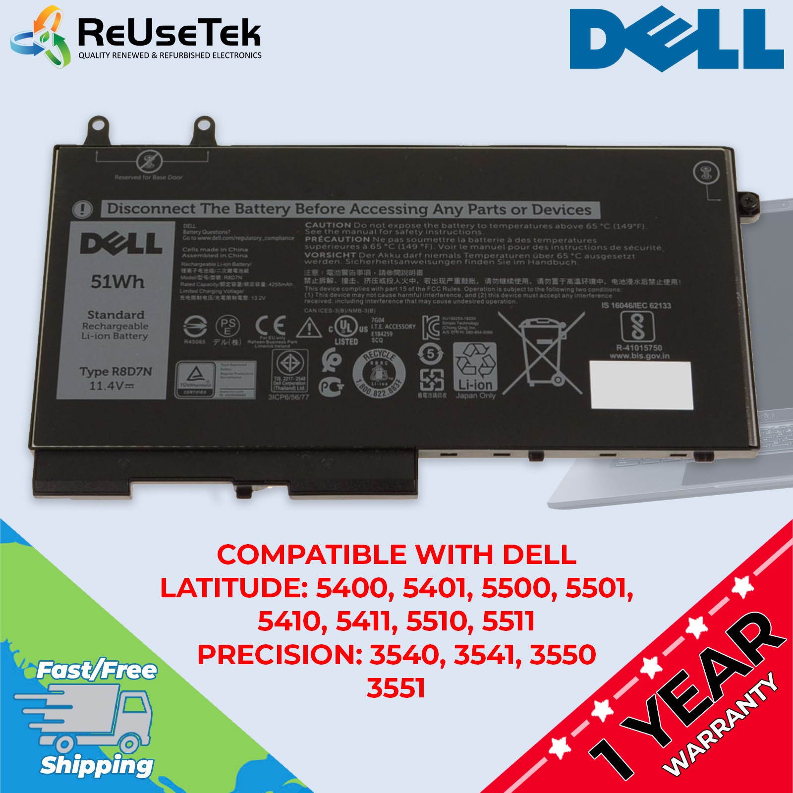 Genuine Dell R8D7N 51Wh 11.4 V Laptop Battery Latitude 5410 5500 5501 5400 5510