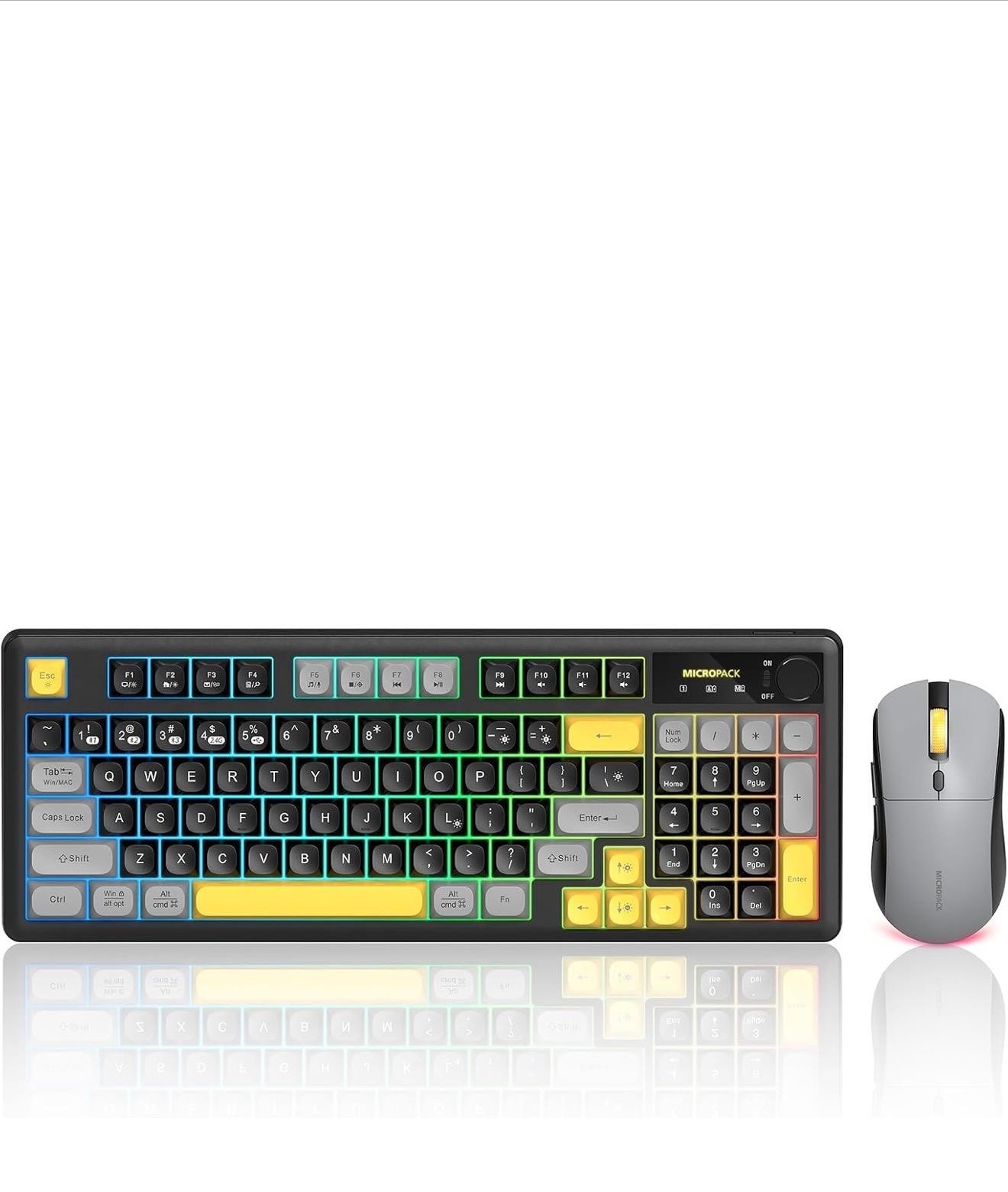 MICROPACK Wireless Keyboard Mouse Combo RGB Backlit 2.4G Bluetooth Gray Yellow