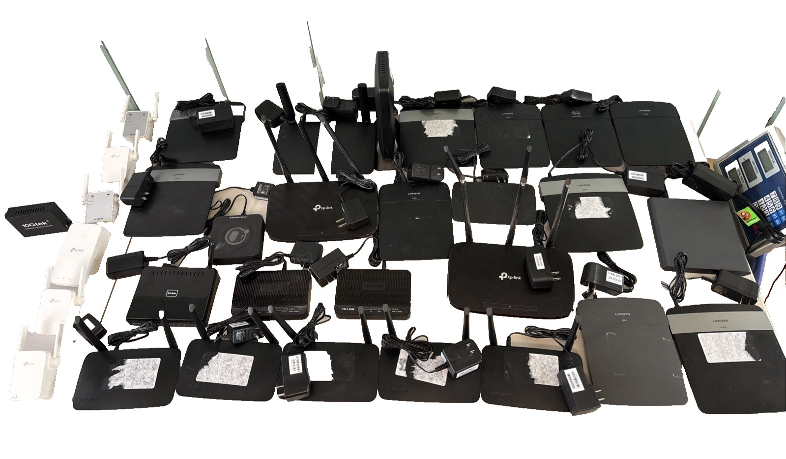 Lot of 32 Network Equipment Routers/ Modems Extenders tp link linksys ETC W/ PWR