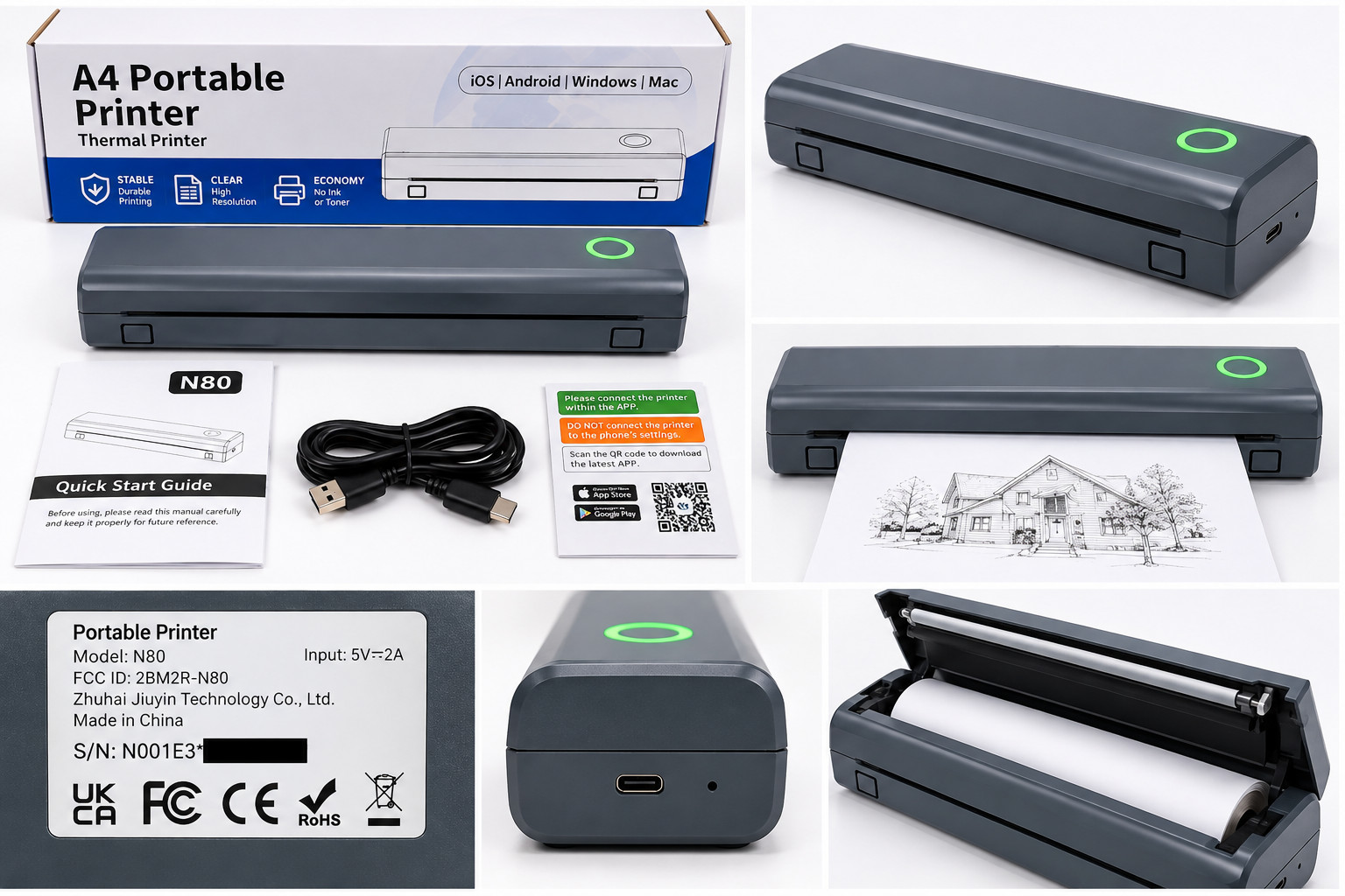 N80 Portable A4 Thermal Printer Bluetooth Wireless Inkless Printer NEW