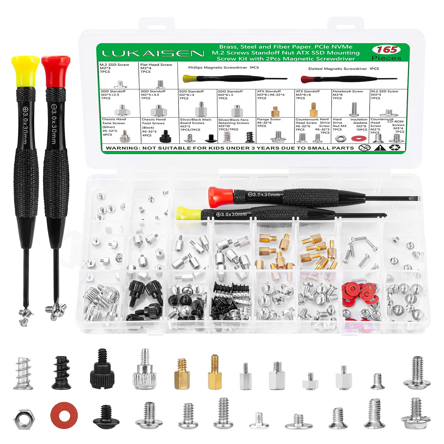 165PCS Computer Screw Kit, M.2 NVMe SSD Mounting Screws & Standoffs, Black/Silve