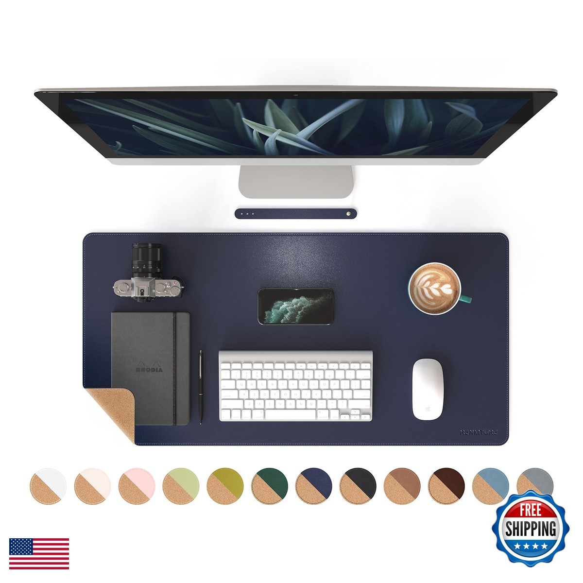 RENMTURE Dual-Sided Mouse Pad Natural Cork & PU Leather Dark Blue 32"x16"