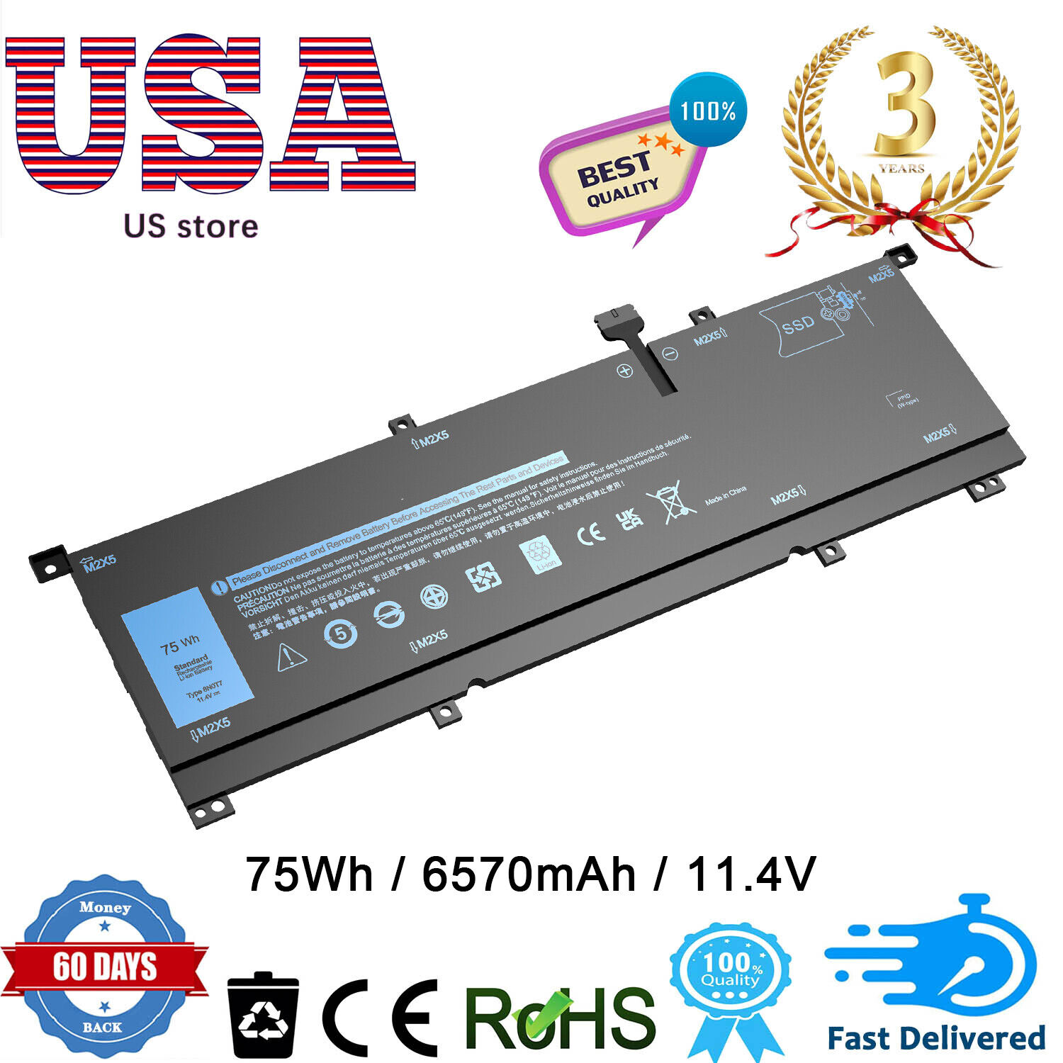 8N0T7 Laptop Battery 75Wh 11.4V 6-Cell for Dell XPS 15-9575 15-9575-D2801TS USPS