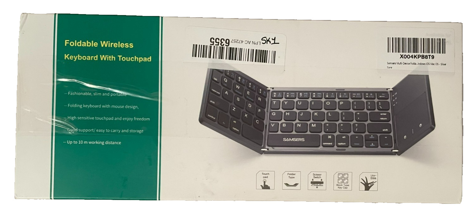 Samsers Full‑Size Foldable Bluetooth Keyboard Backlit w/ Touchpad – Silver
