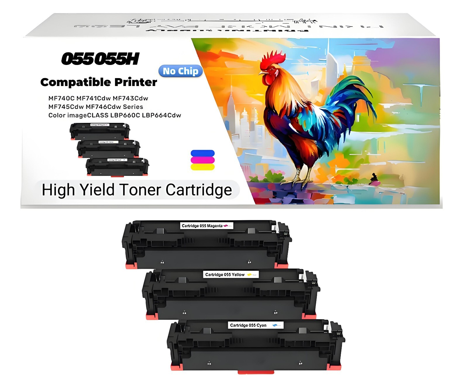 3PK CMY 055 Toner For Canon 055 055H Work with Canon MF741Cdw MF743 MF745 LBP663