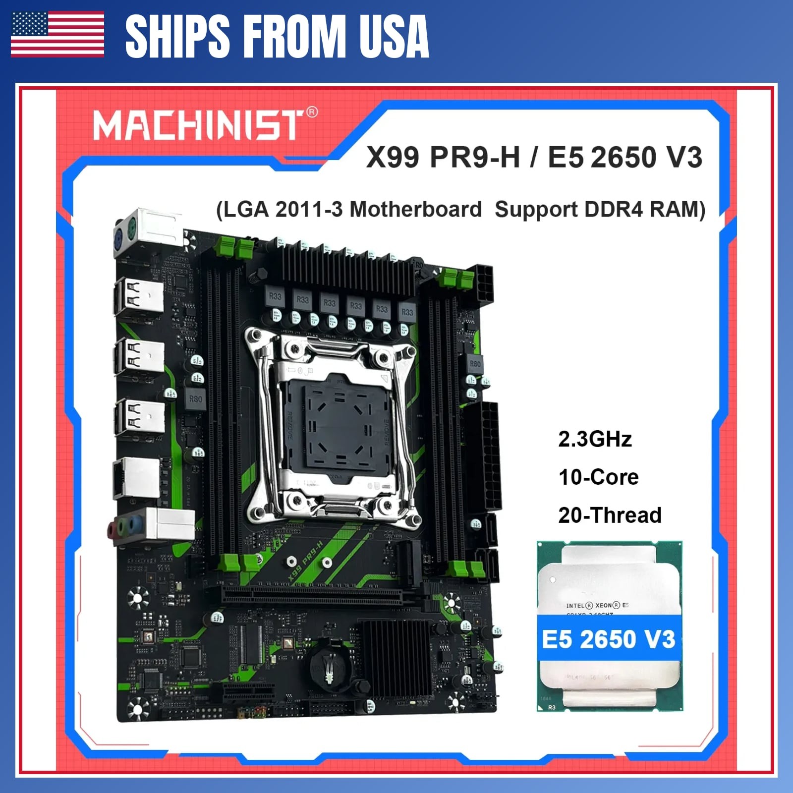X99 PR9 H Motherboard Combo With Intel Xeon E5 2650 V3 CPU LGA 2011 3 Support