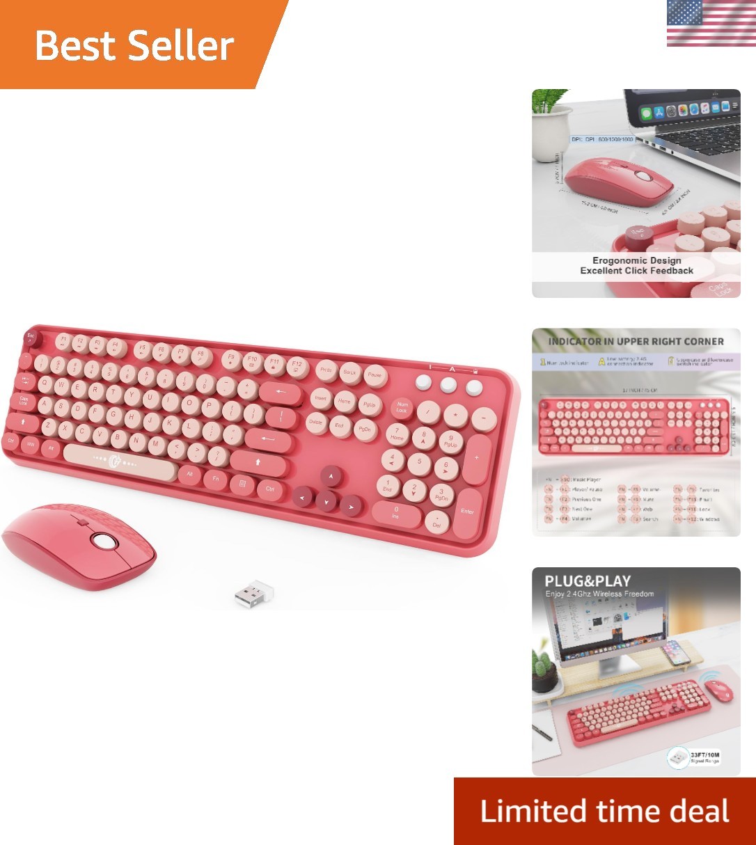 2.4GHz Wireless Keyboard and Mouse Set - Stylish Retro Typewriter Combo