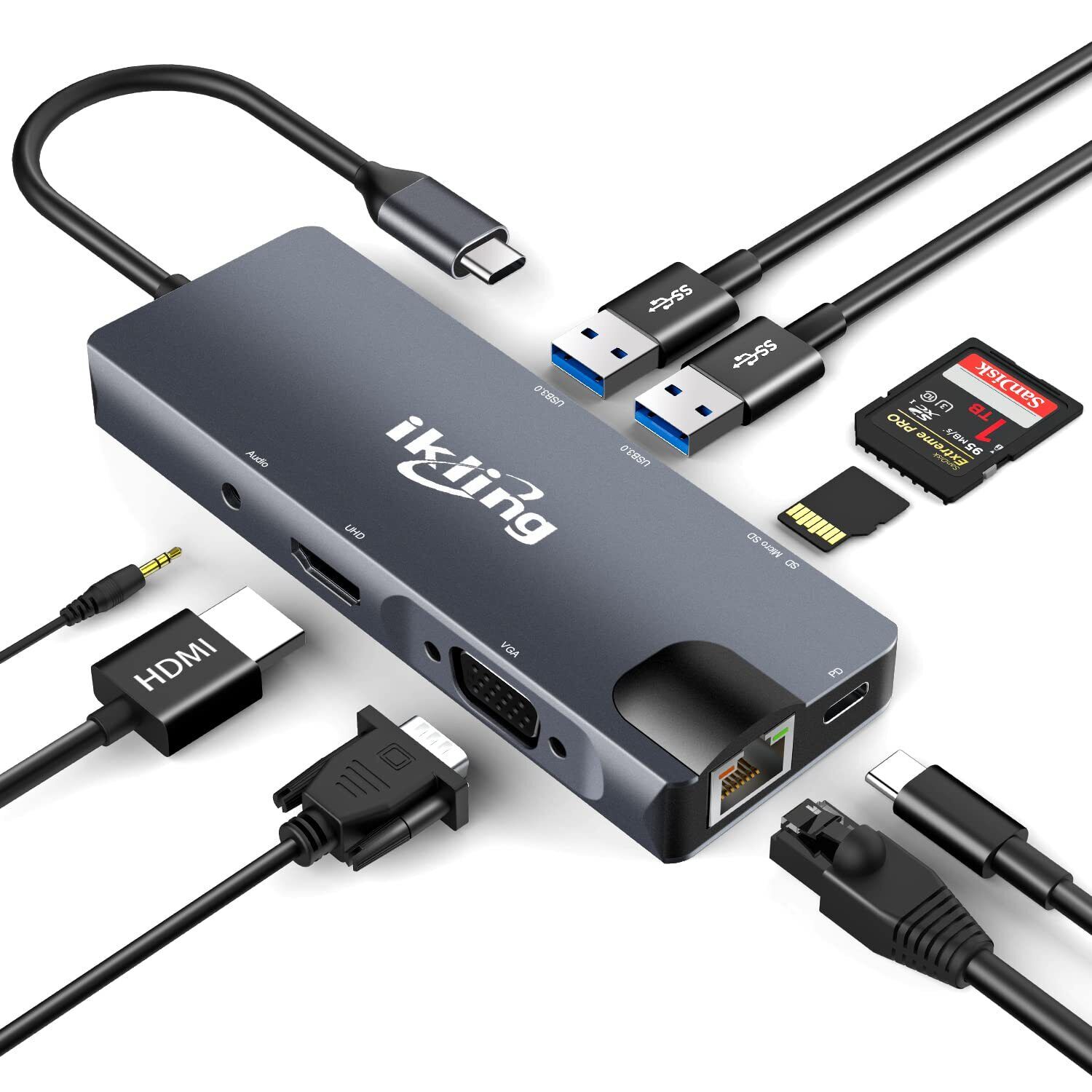 ikling USB C Hub, 9-in-1 USB C Adapter with 4K USB C to HDMI, VGA, Gigabit Et...