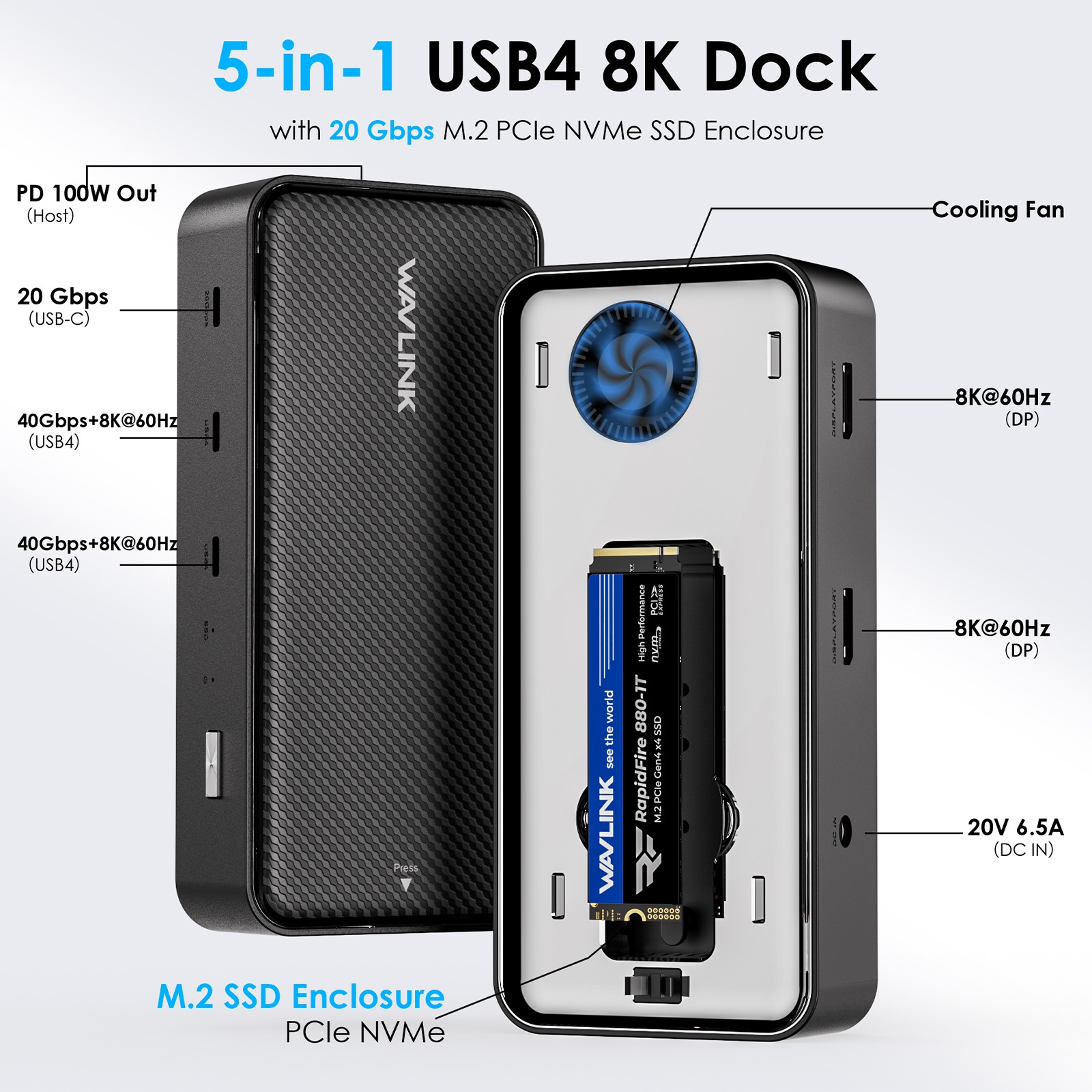 WAVLINK USB4 8K Docking Station M.2 NVMe SSD Enclosure dual DisplayPort dual USB