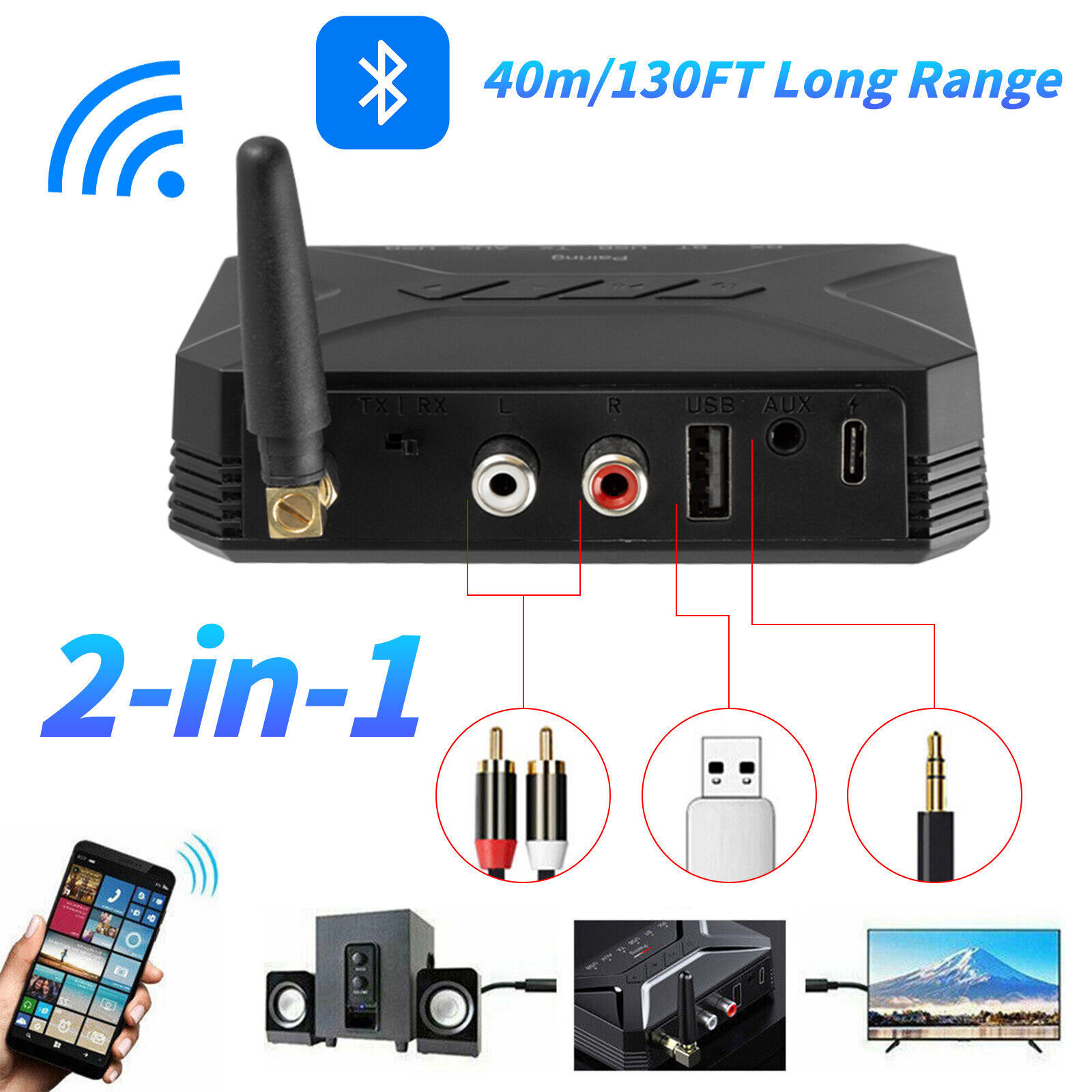 Long Range Bluetooth Transmitter Receiver For TV Home Car Stereo Audio Adapter