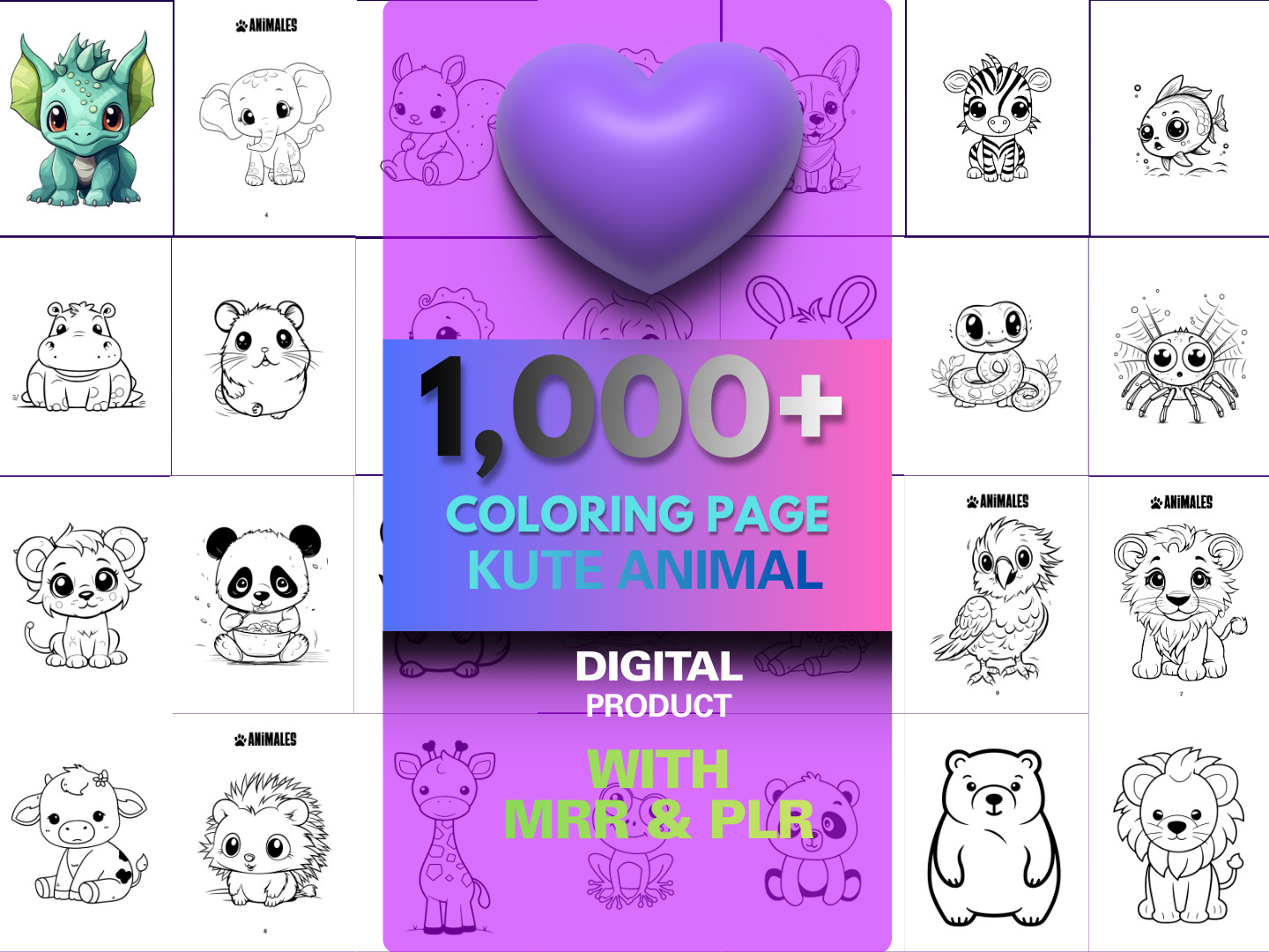 1,000+ Kute Animal Coloring Pages Bundle | 11 Books Mega Pack | MRR PLR Resell 