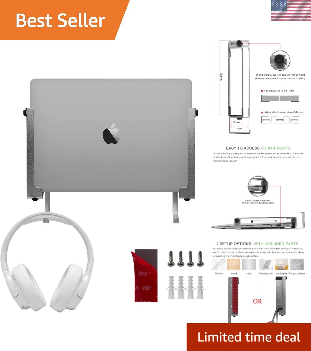 Stylish Adjustable Wall Mount for Laptops & Tablets - Includes Screws & Adhesive