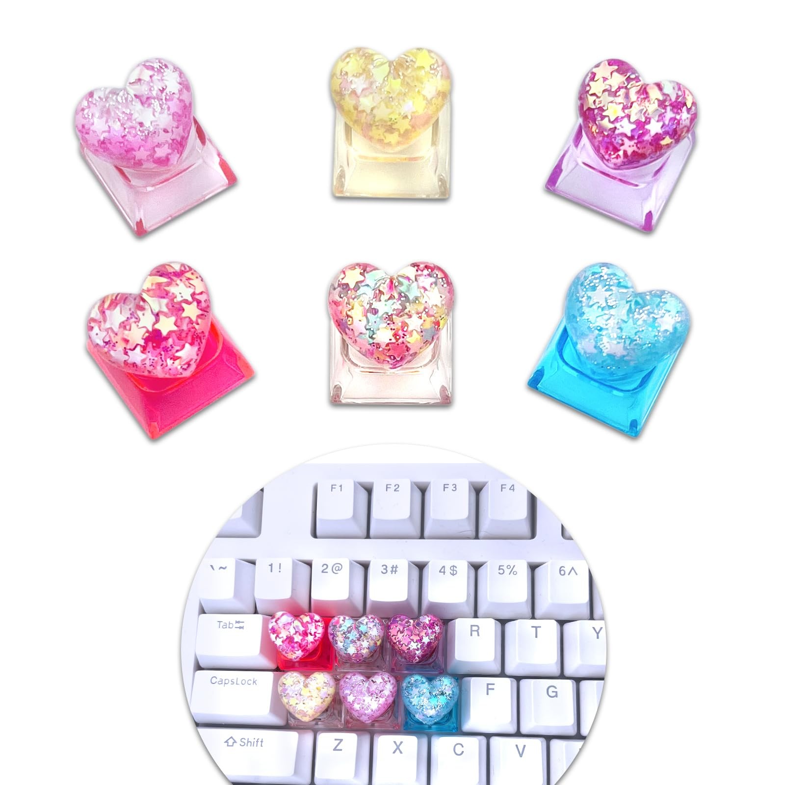 6PCS Bling Heart Custom Keycaps - Cute Artisan Keycap Key for Cherry MX Mecha...