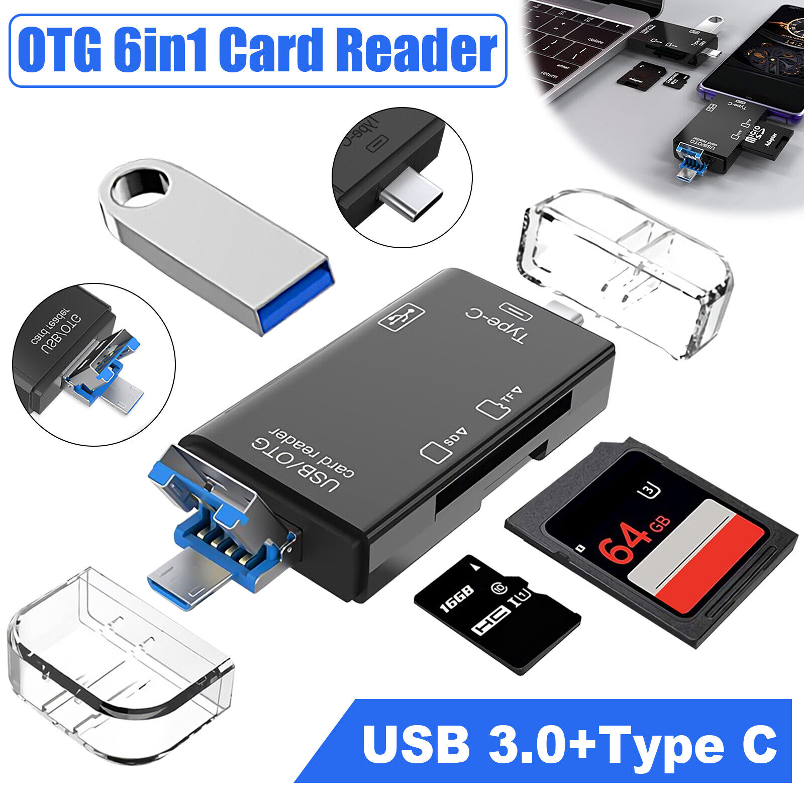 6in1 USB 3.0 Flash Drive TF Card Reader Adapter Type C OTG For Android Phone PC