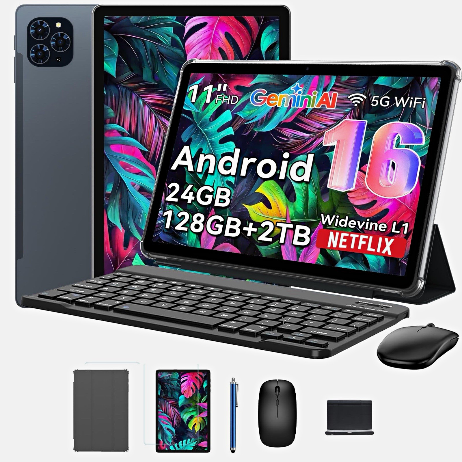 GeminiAI 11" FHD Android Tablet 24GB RAM 128GB+2TB 5G Wi-Fi with 2TB TF Card