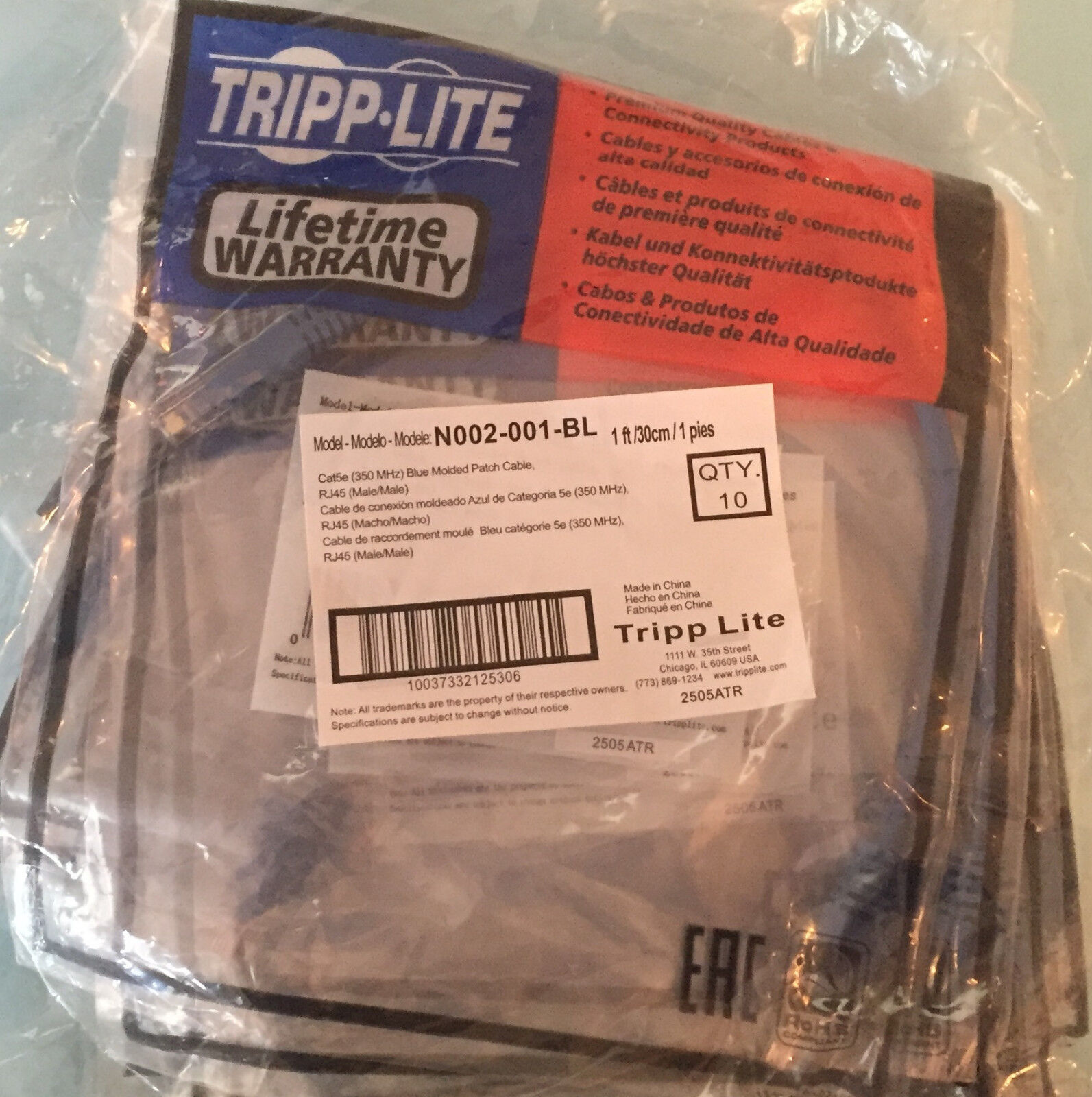 Tripp Lite 1ft Cat5e Blue Patch Cablemolded 350mhz N002-001-BL LOT OF 10 