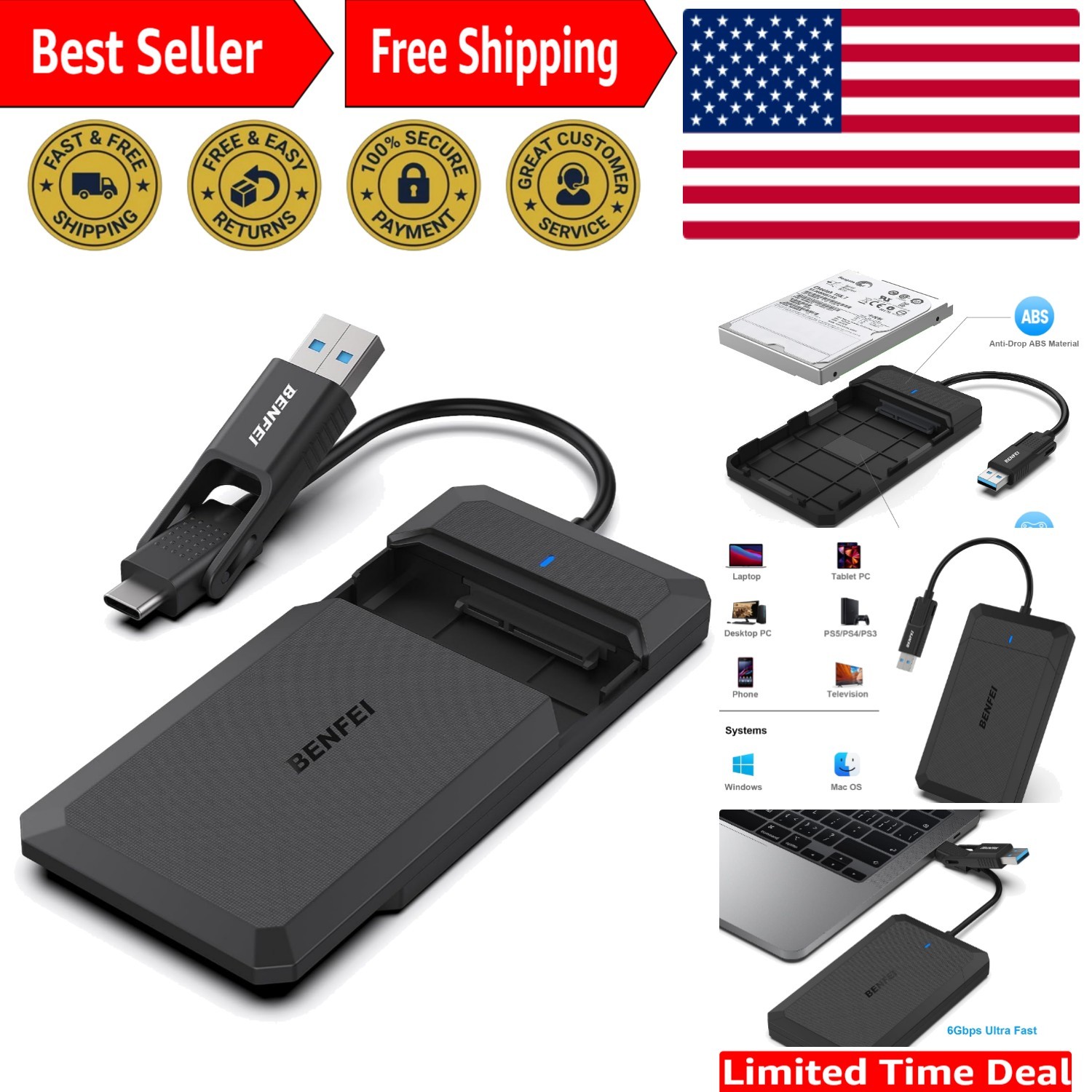 USB Type-C/Type-A 2.5 Inch Hard Drive Enclosure for SSD/HDD Efficient Storage