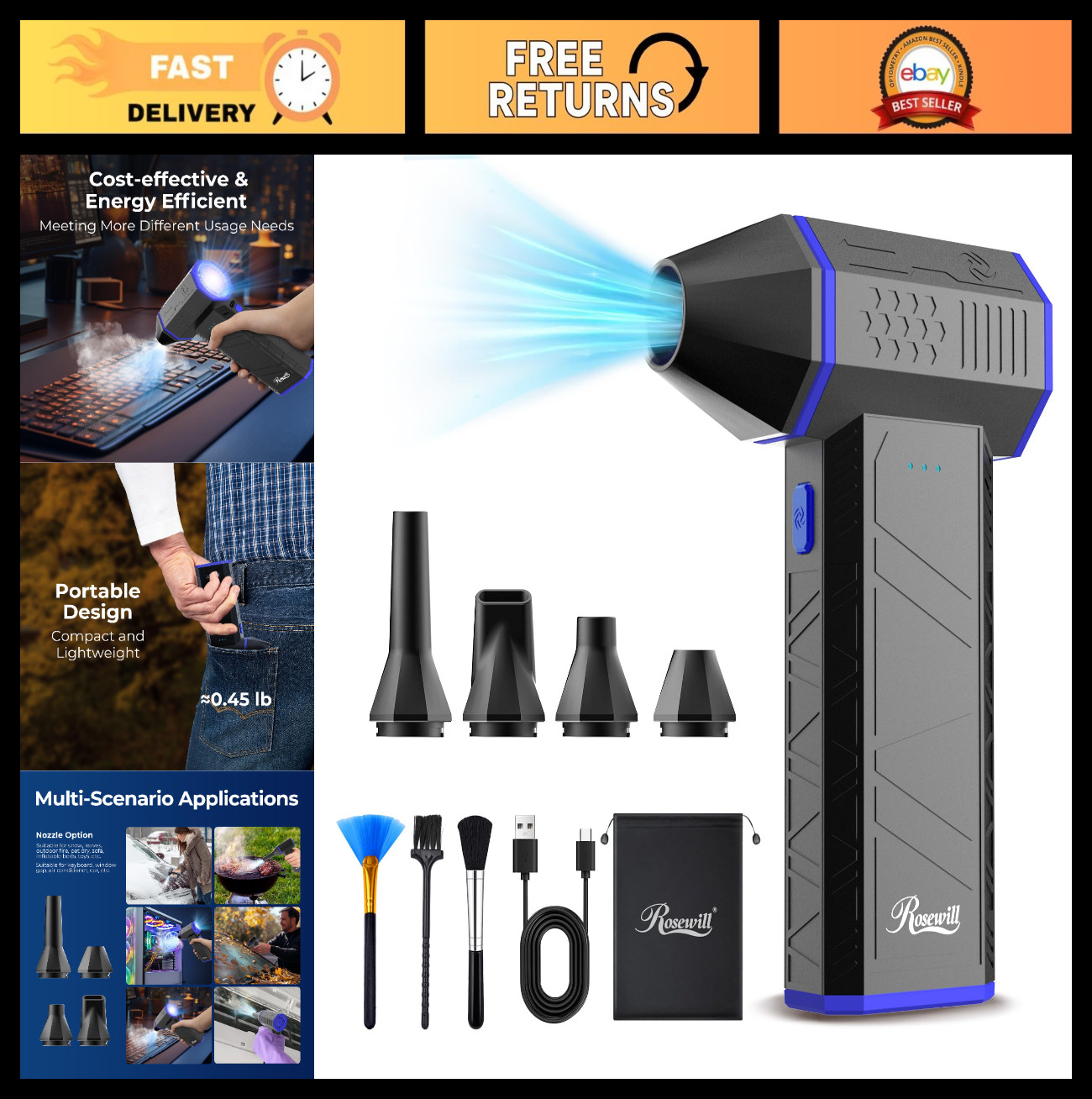 Cordless Electric Air Duster - 110,000 RPM Mini Blower, Fast Charging, 3-Gear Du