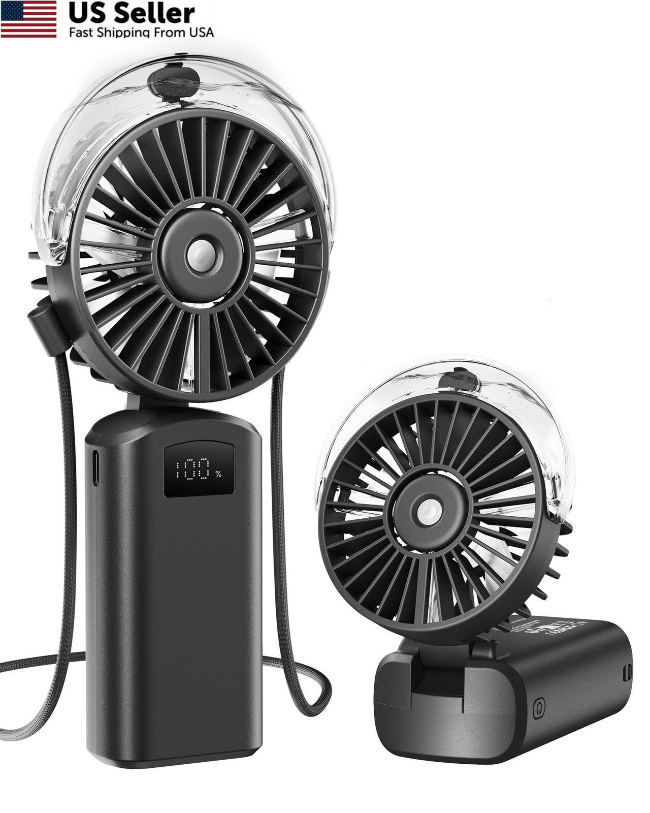 Gaiatop Portable Misting Fan, 180° Foldable Handheld, 3 Speeds Small, Black