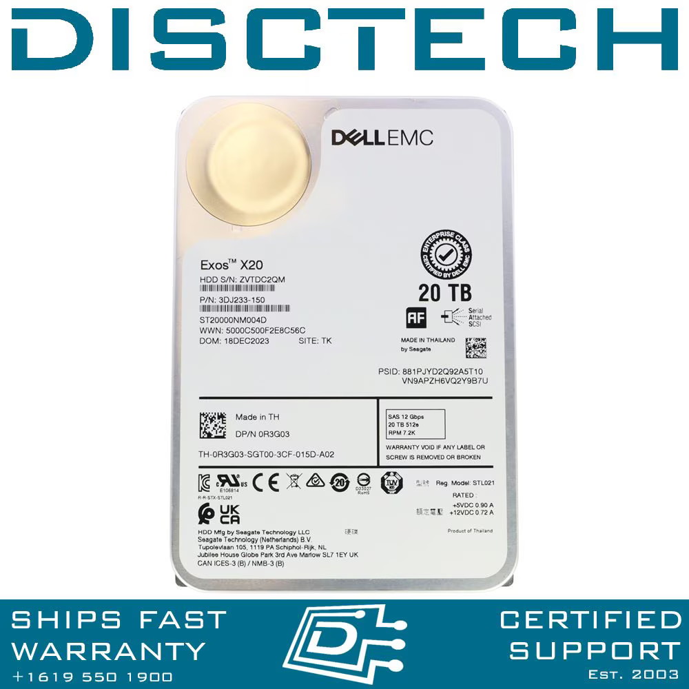Dell R3G03 20TB SAS 12Gbps 7.2K 3.5in HDD Seagate Exos X20 ST20000NM004D