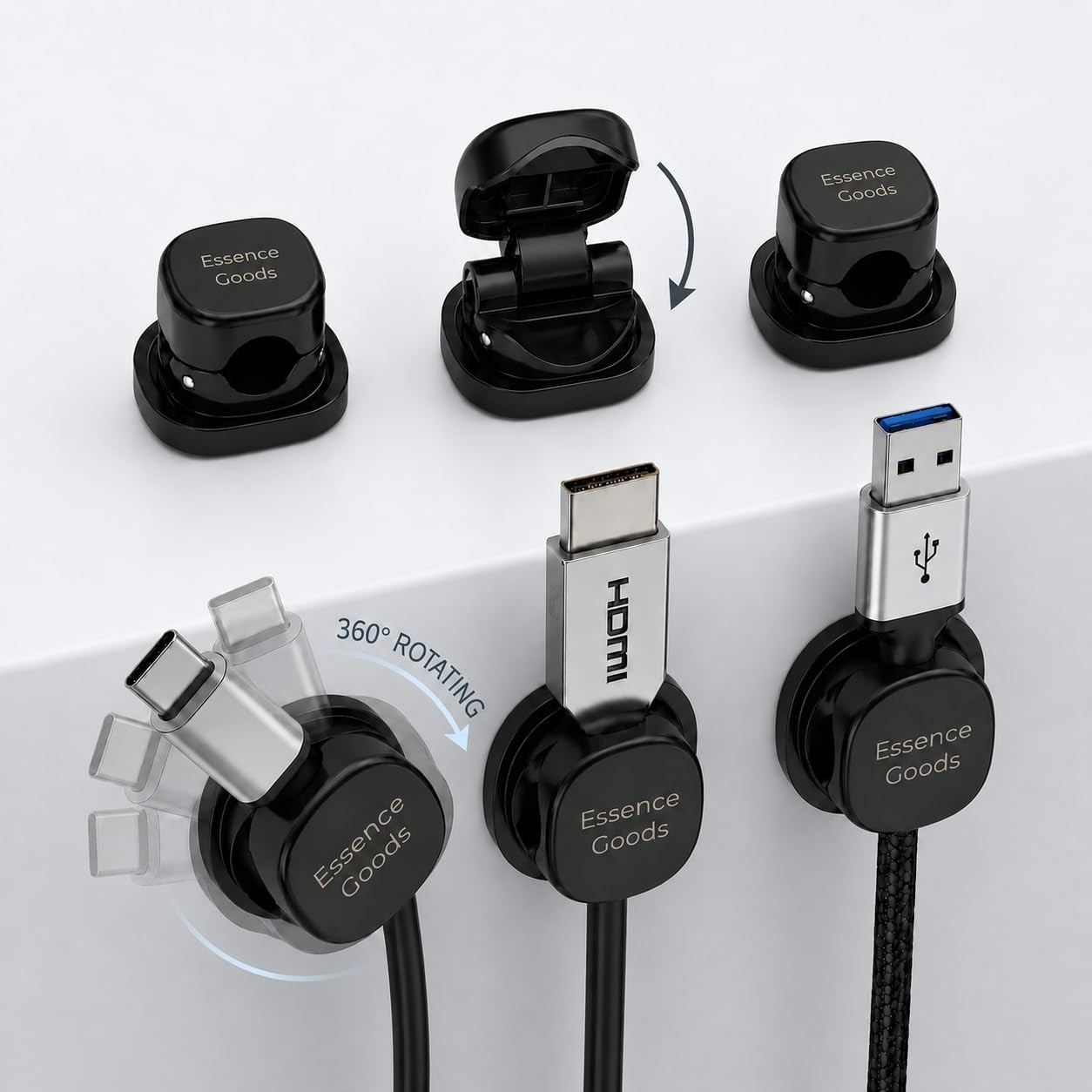 360° Rotatable Cable Clips - Adhesive Cord Organizer for Desk & Nightstand, 6 Pa