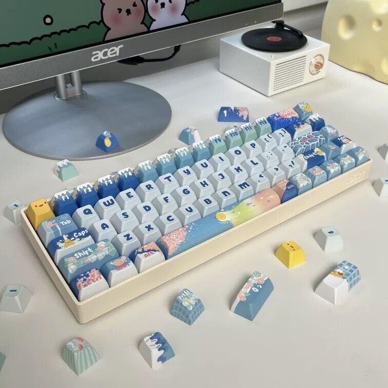 Ducky Ducks Duckies Blue White Cute PBT Keycap SA Height 100 Keys for Keyboard